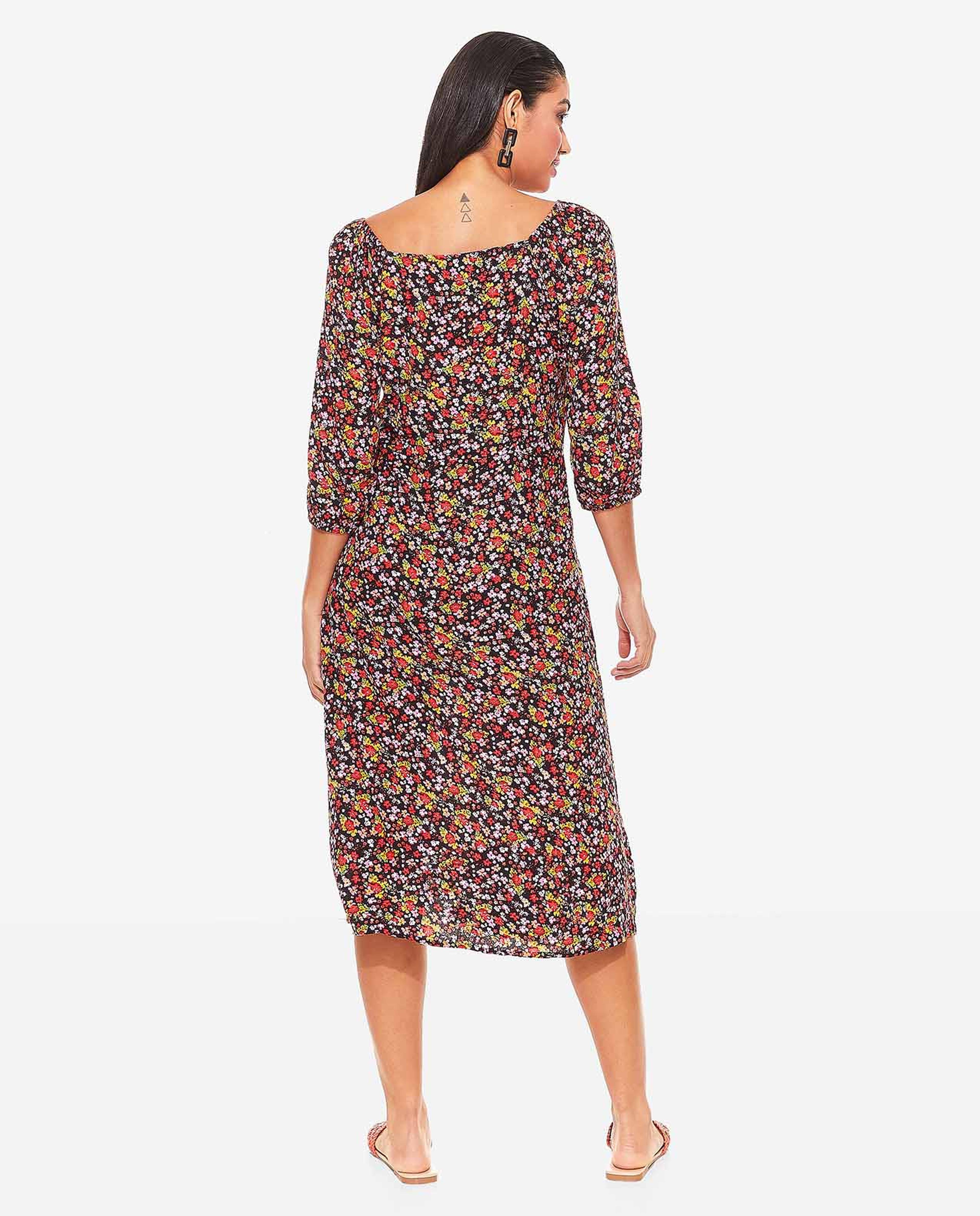 Floral Printed Midi Dress with Square Neck and 3/4th Sleeves