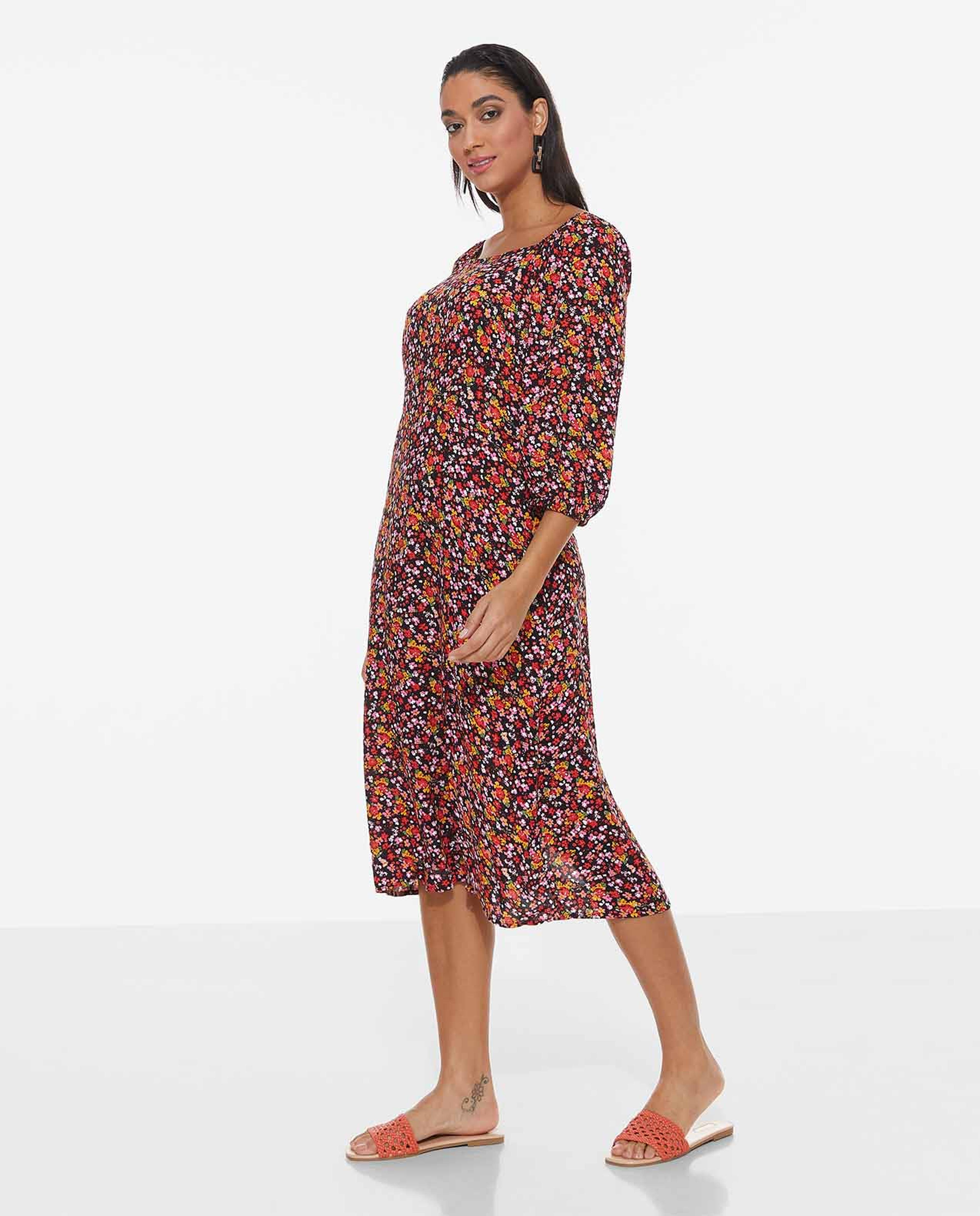 Floral Printed Midi Dress with Square Neck and 3/4th Sleeves