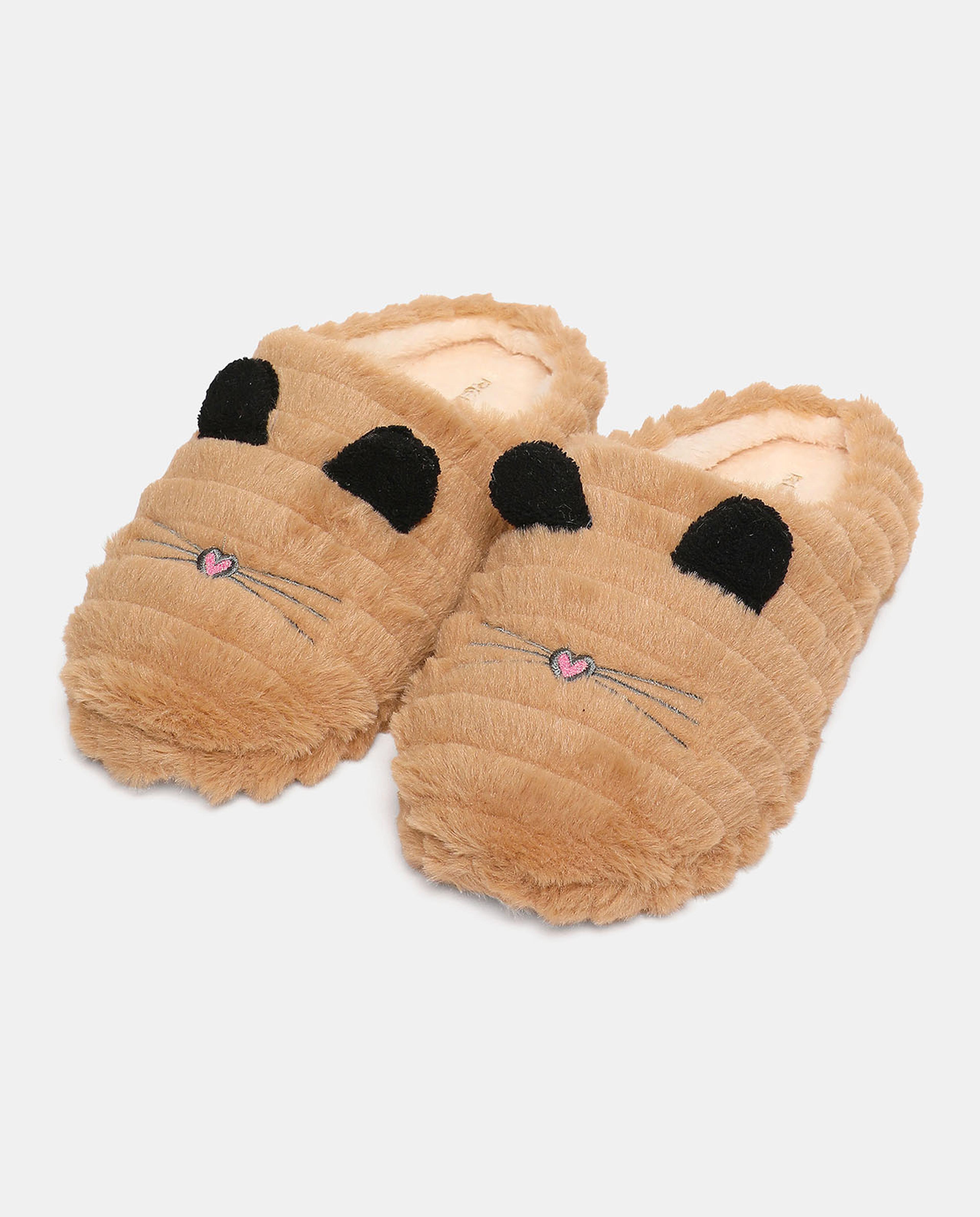 Furry Embroidered Slip-On Bedroom Slippers