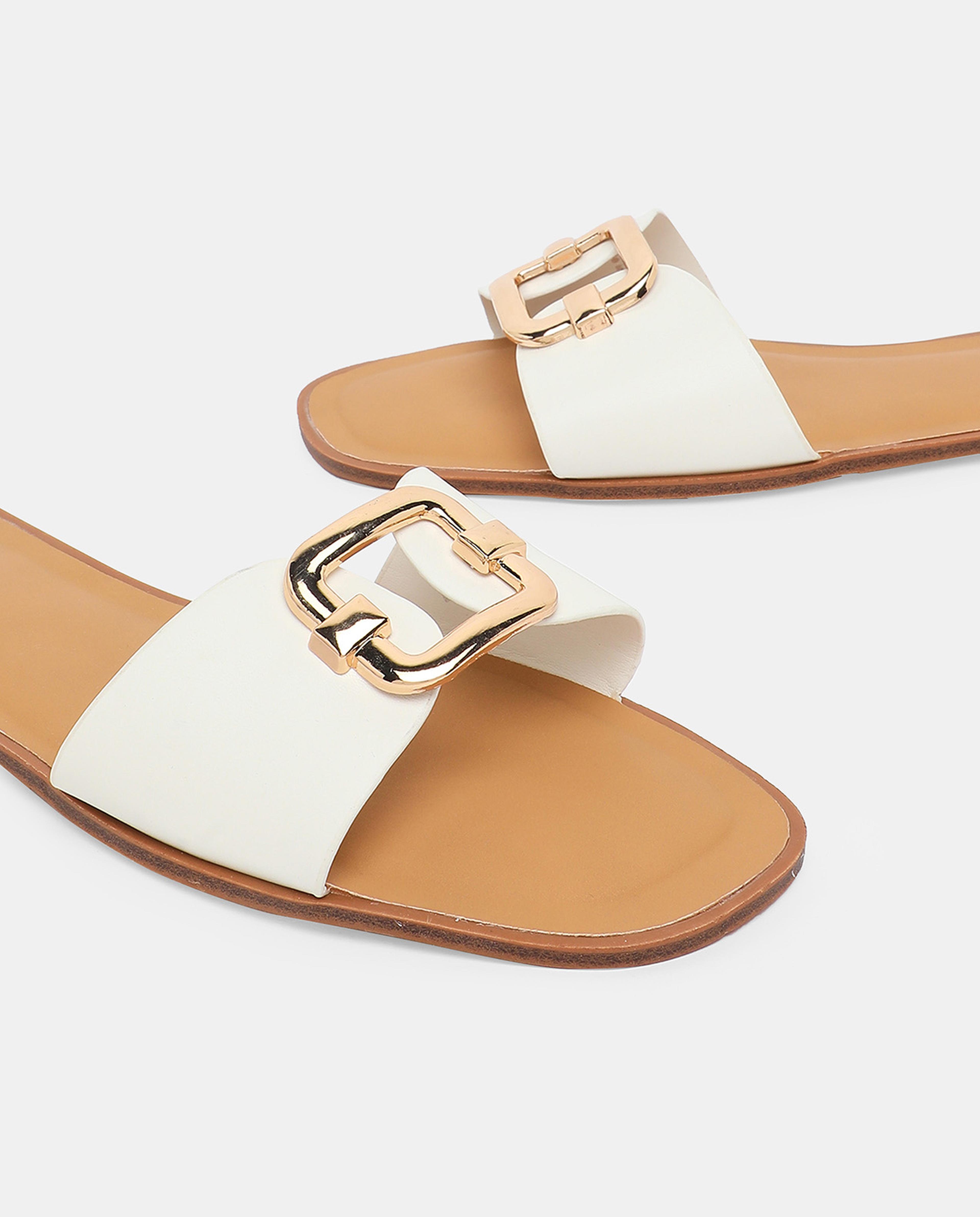 Buckle Detail Open Toe Flats