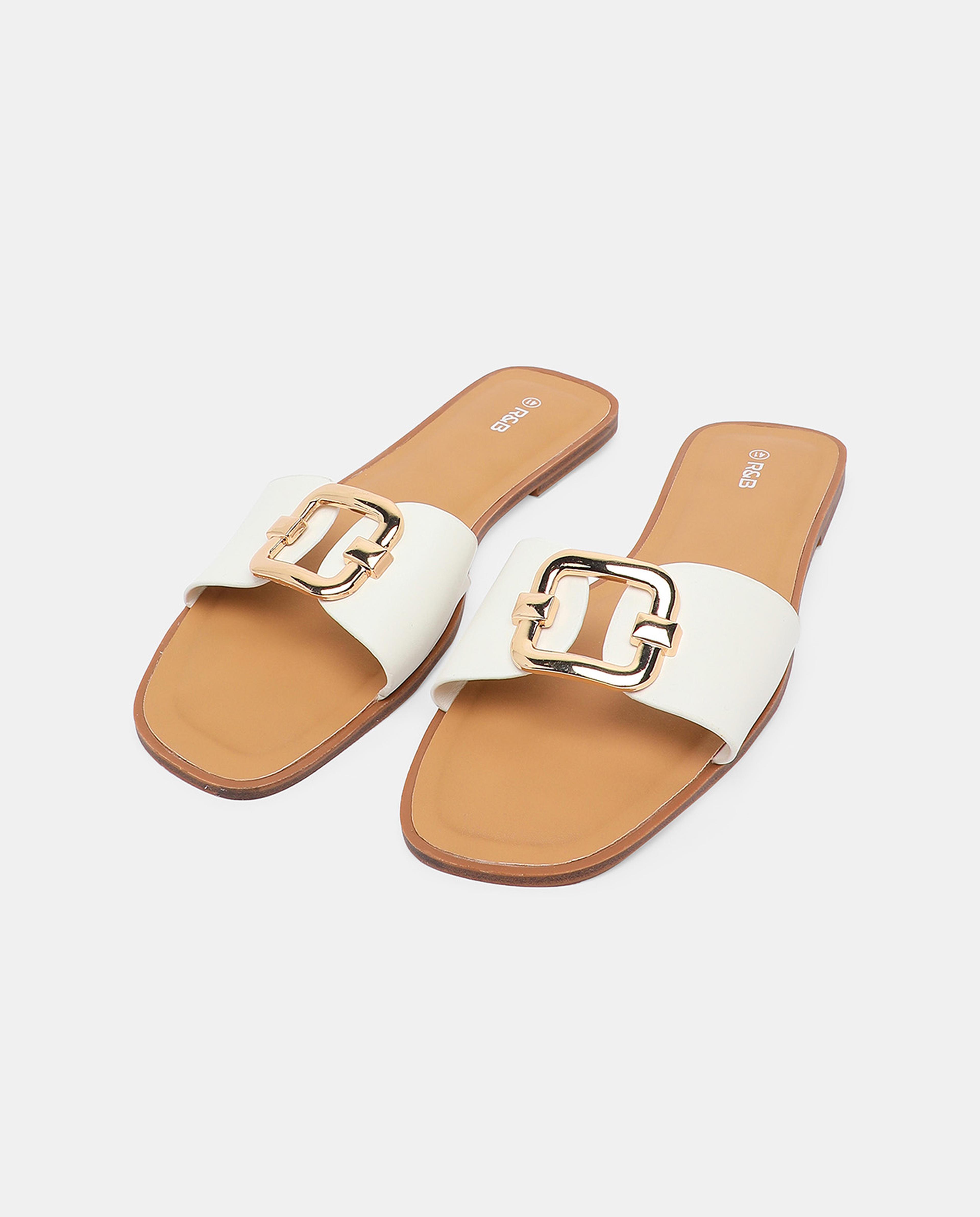 Buckle Detail Open Toe Flats