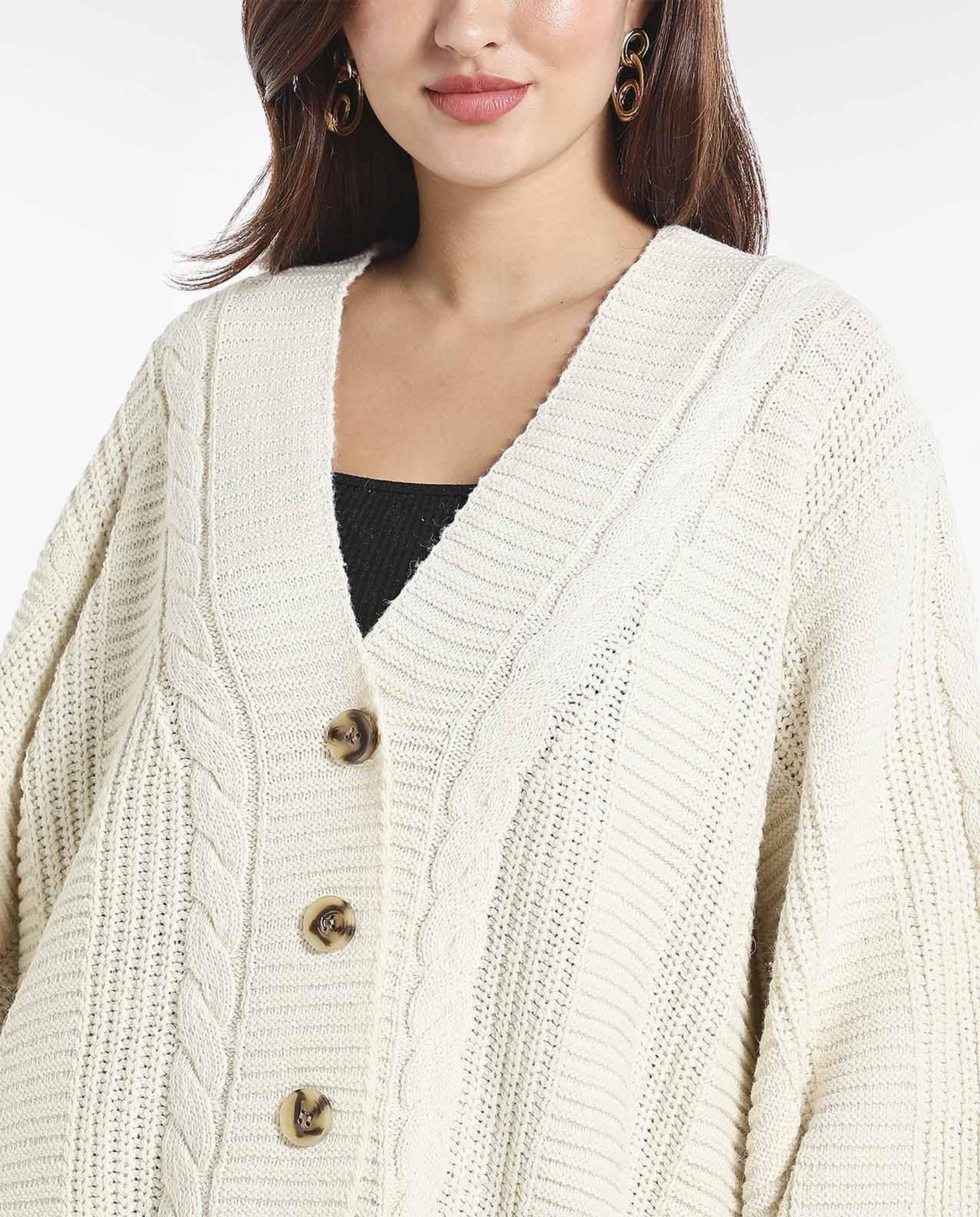 Cable Knit Cardigan Sweater with V-Neck and Drop-Shoulder Sleeves