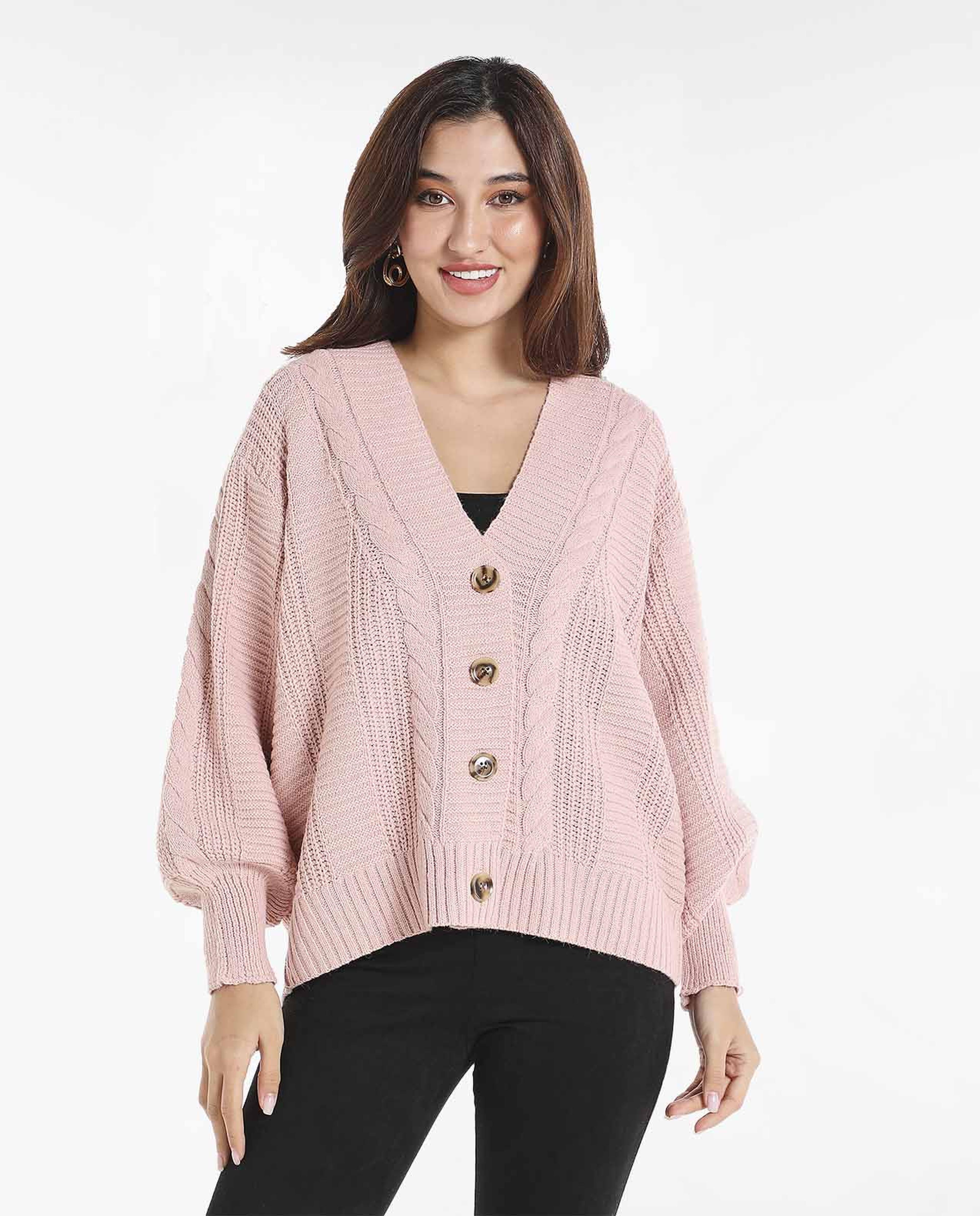 Cable Knit Cardigan Sweater with V-Neck and Drop-Shoulder Sleeves