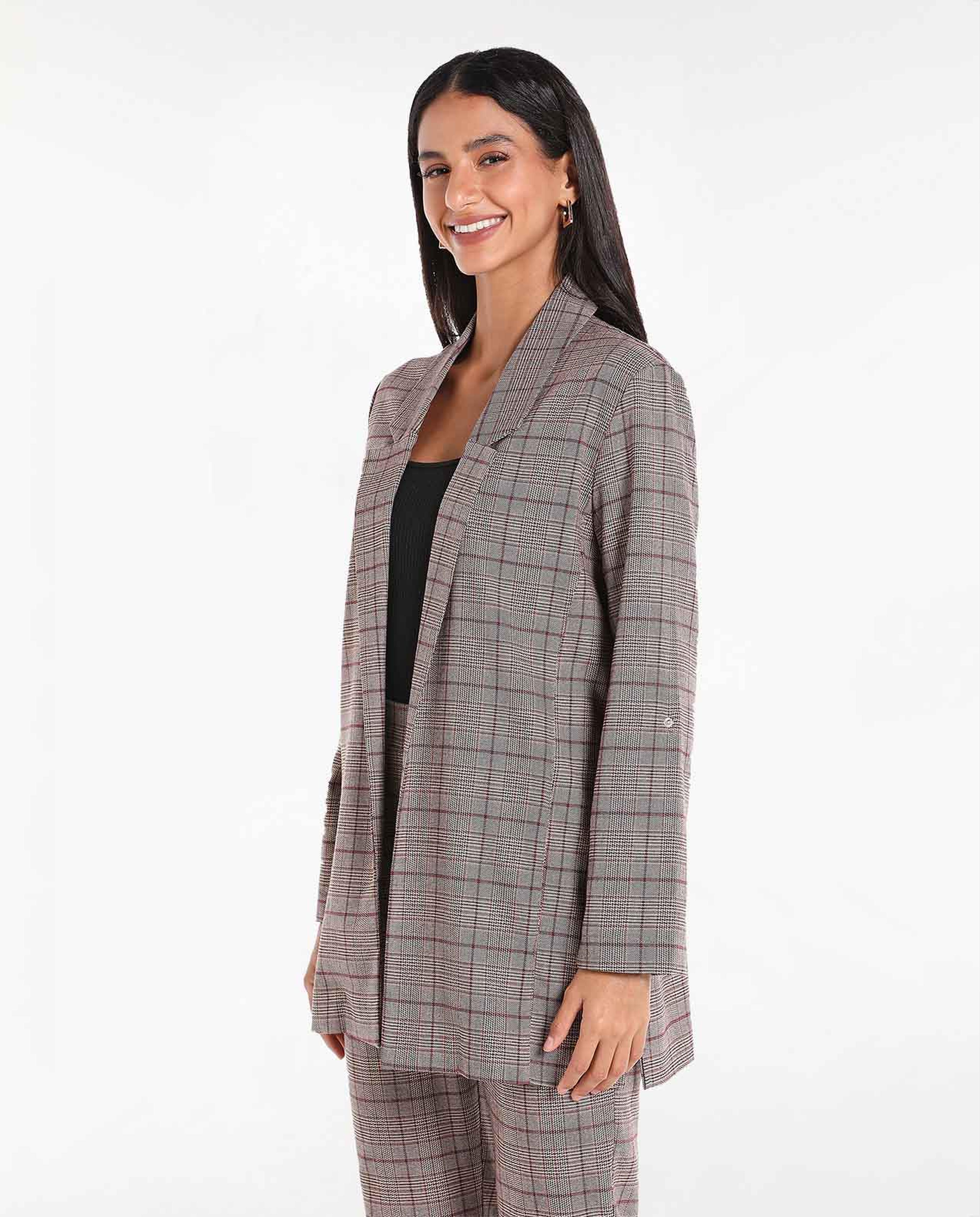 Checked Front-Open Long-Line Blazer with Notched Lapel and Long Sleeves