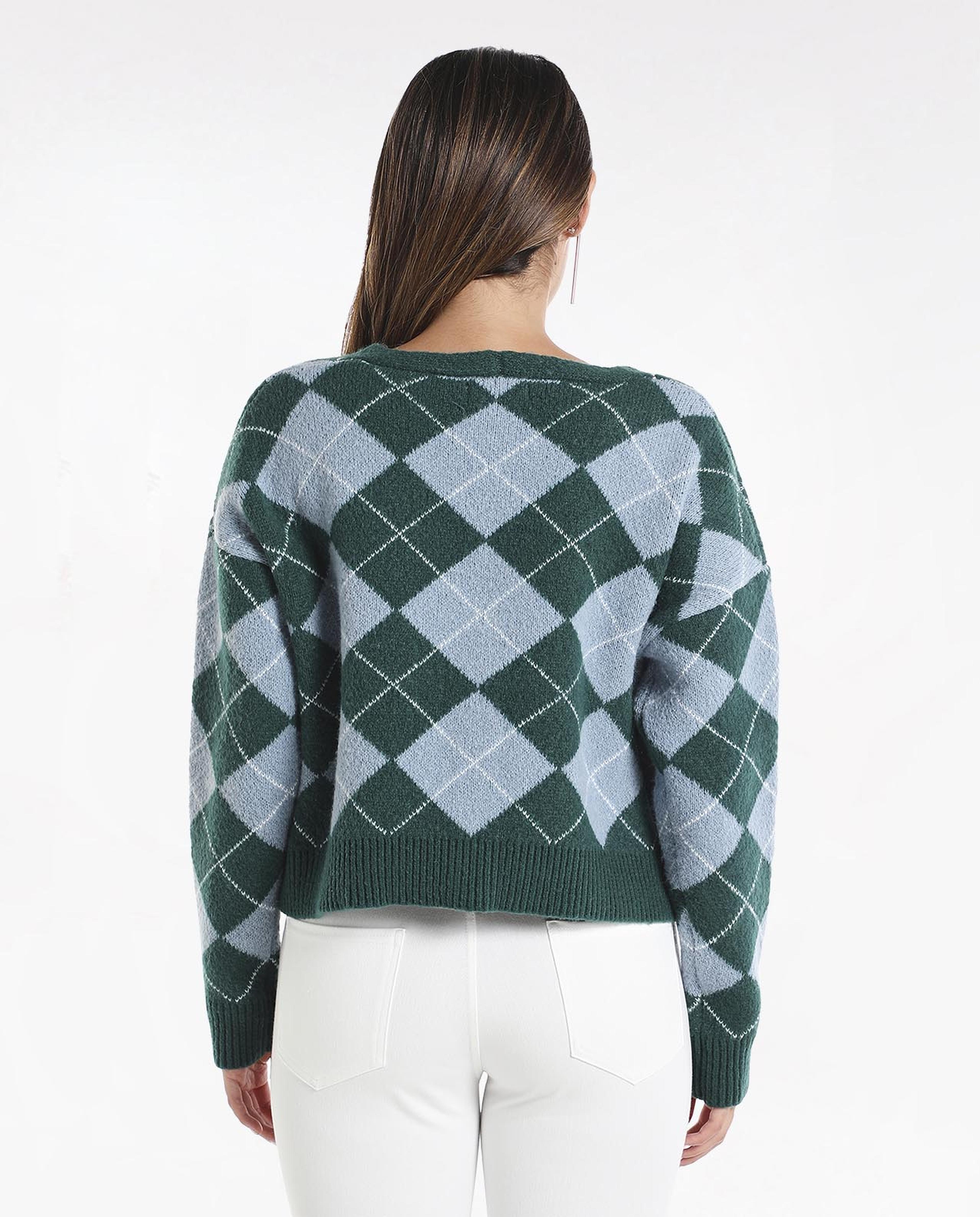 Diamond Knit Cardigan with V-Neck and Long Sleeves