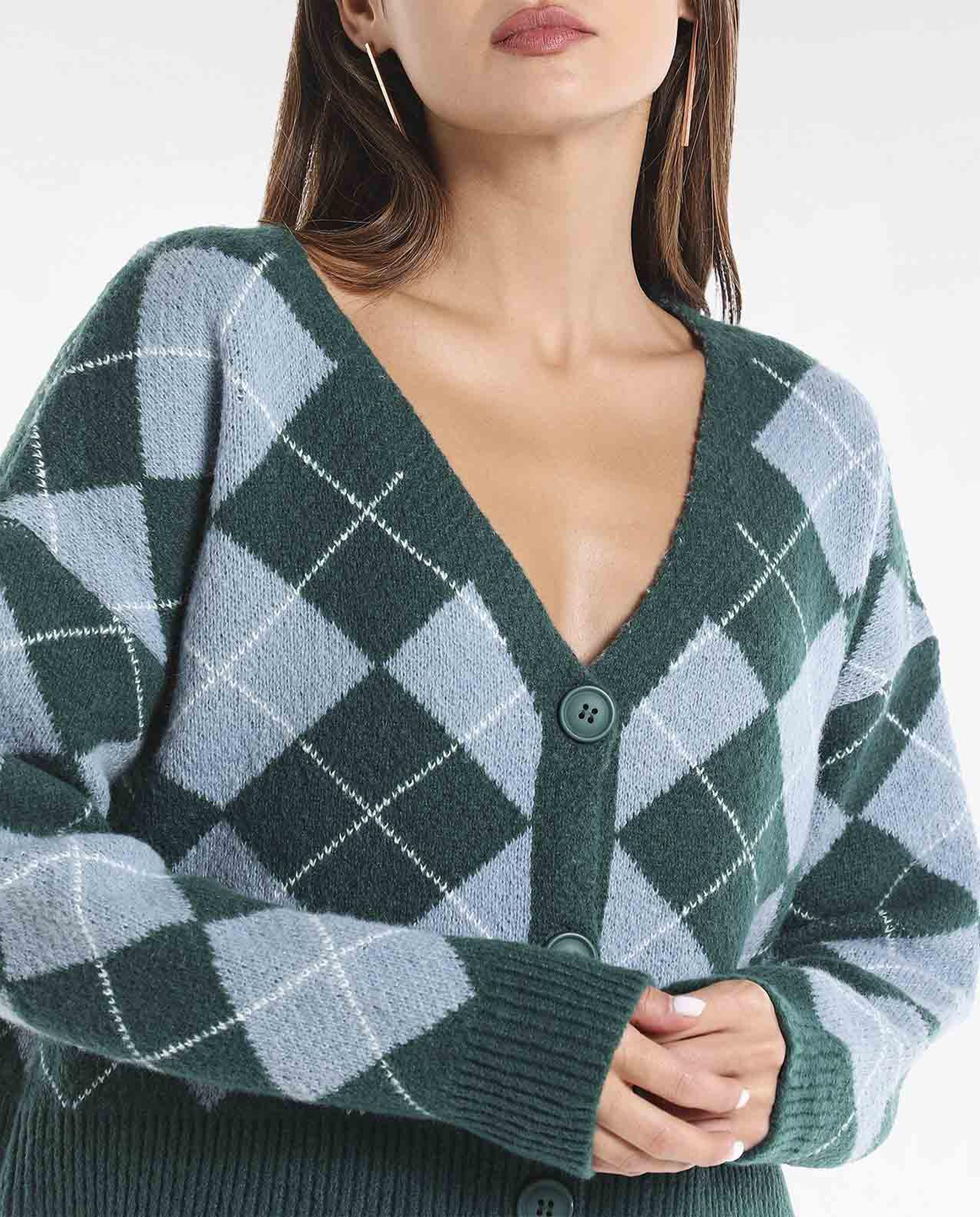 Diamond Knit Cardigan with V-Neck and Long Sleeves