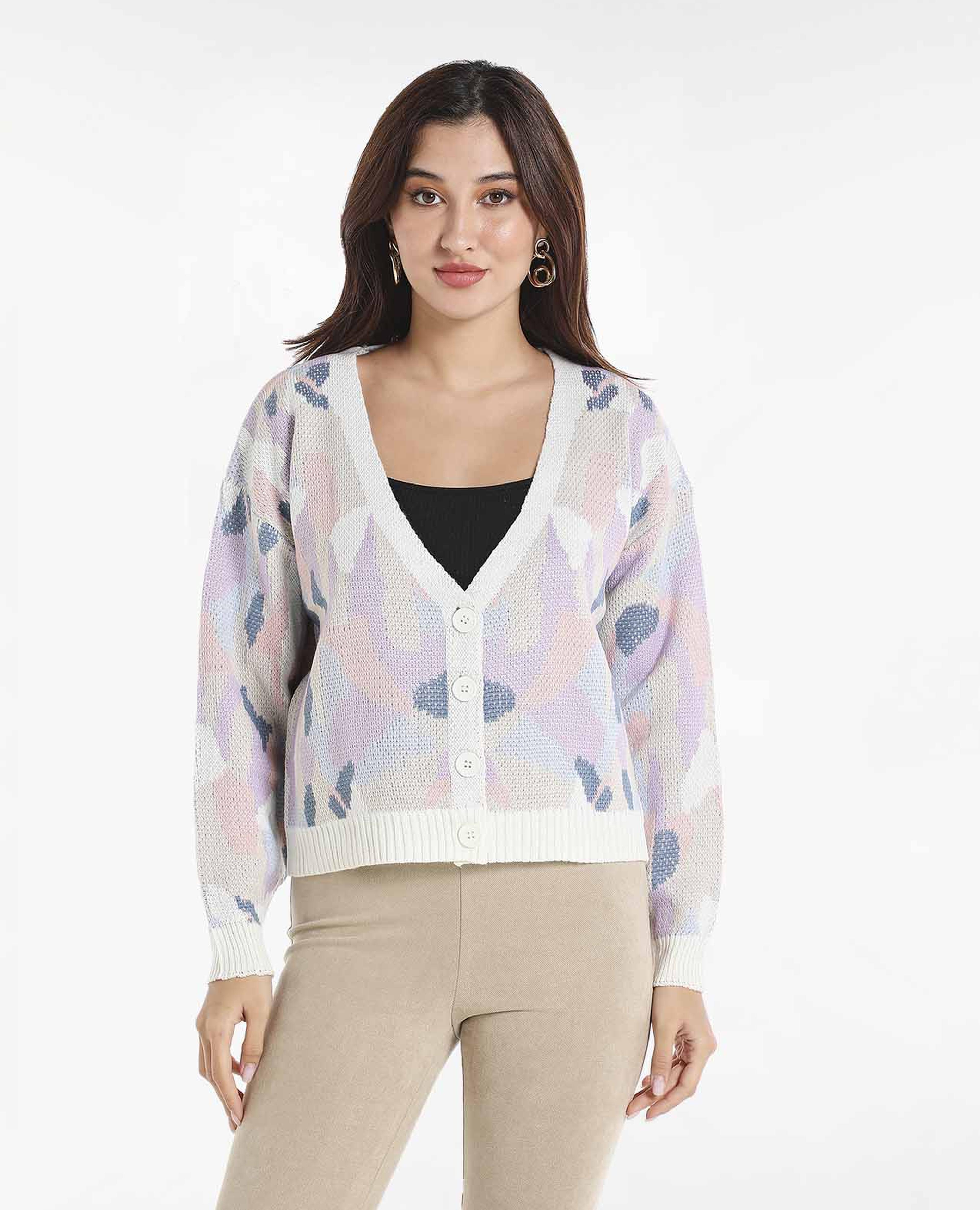 Geometric Design Cardigan Sweater with V-Neck and Long Sleeves