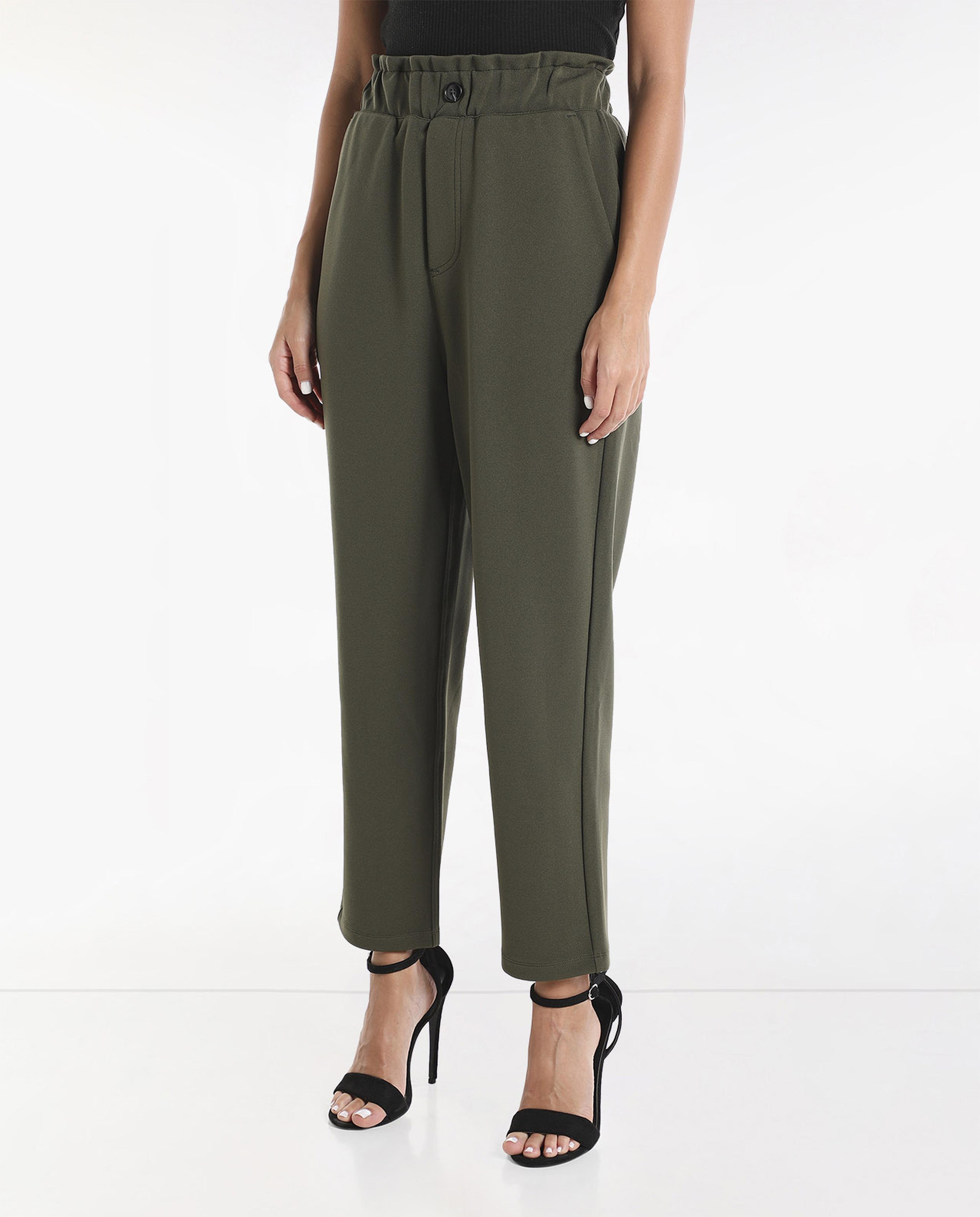 High Rise Straight Fit Pants with Elasticated Waist
