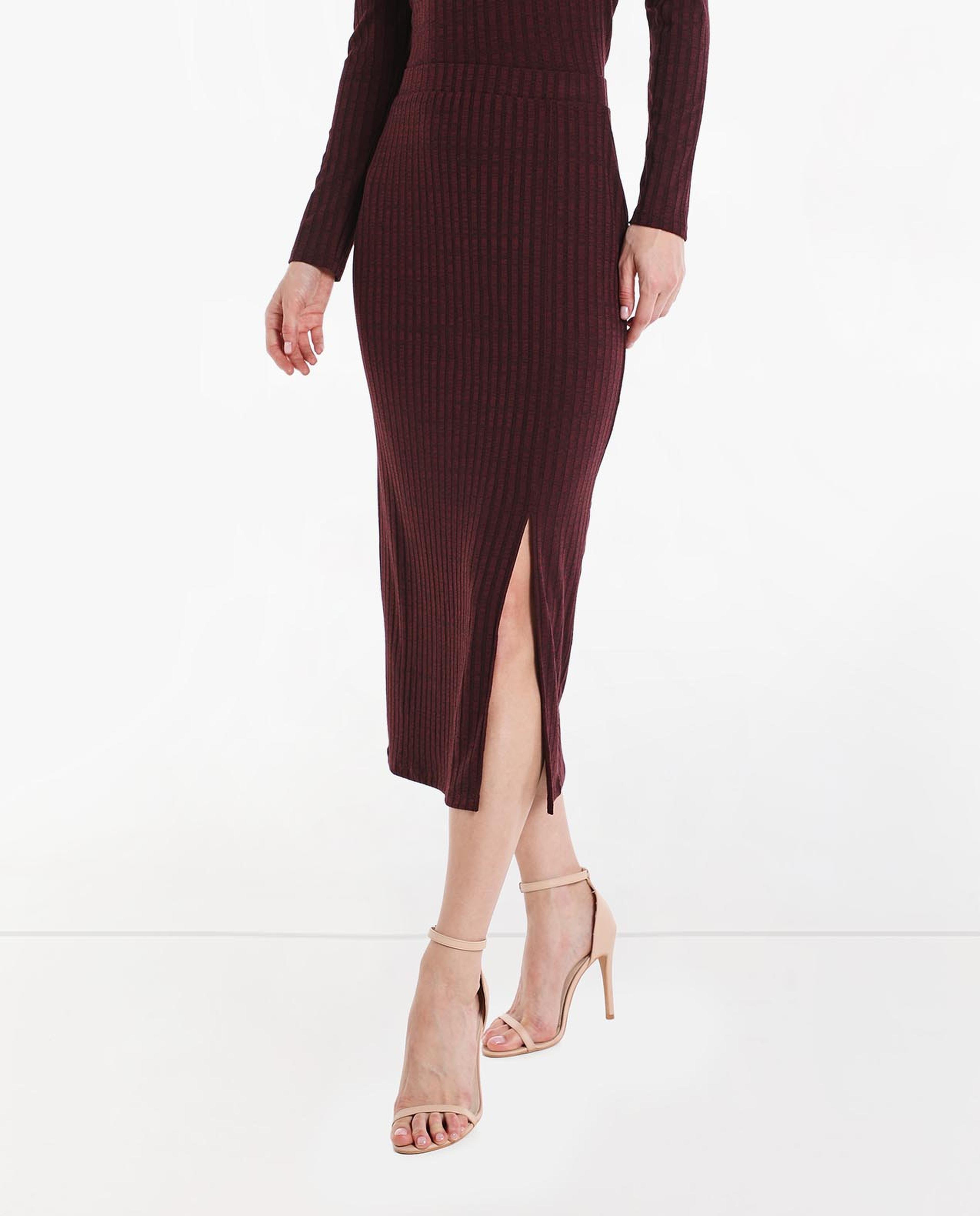 Solid Ribbed Midi Skirt with Elasticated Waist and Slit