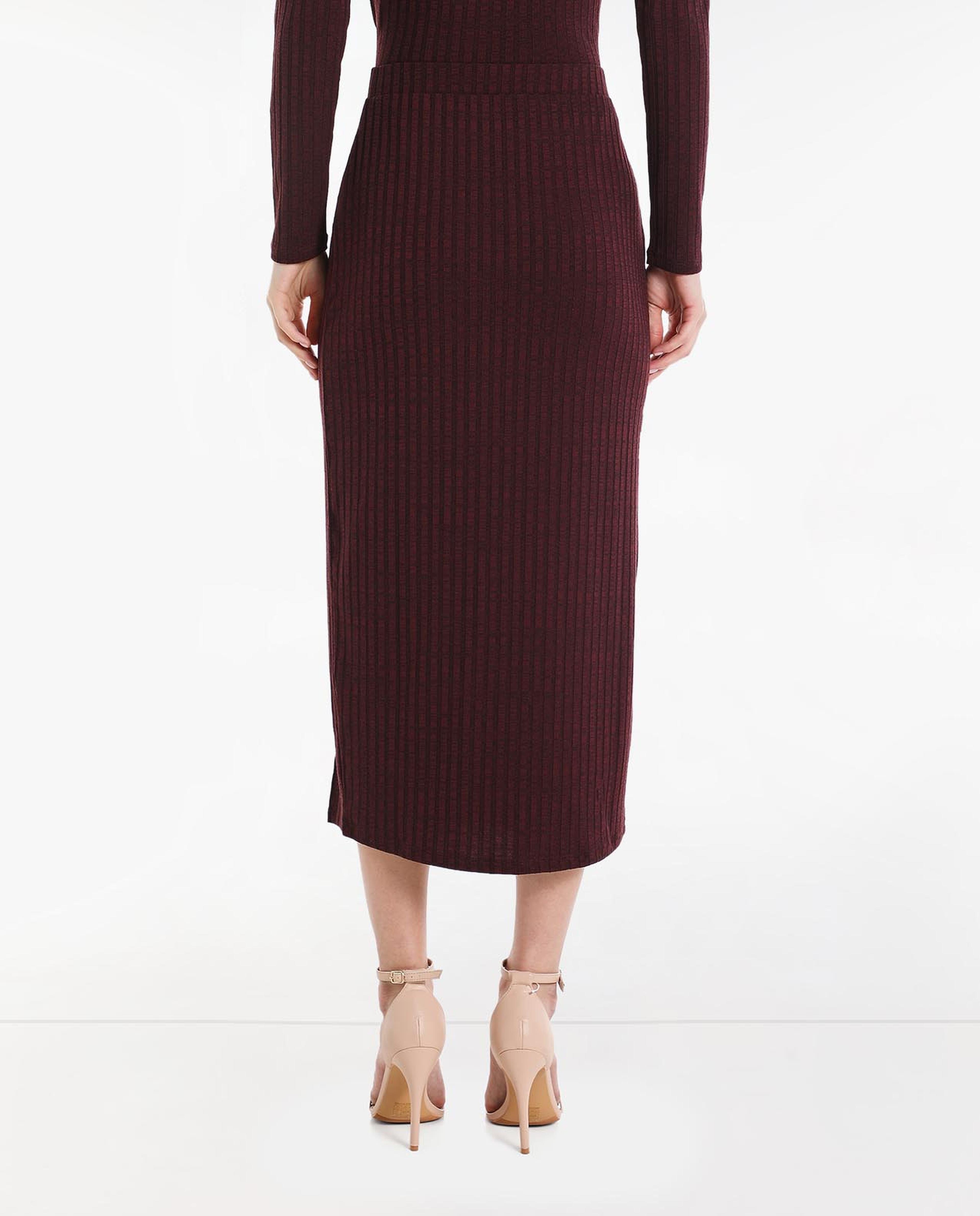Solid Ribbed Midi Skirt with Elasticated Waist and Slit
