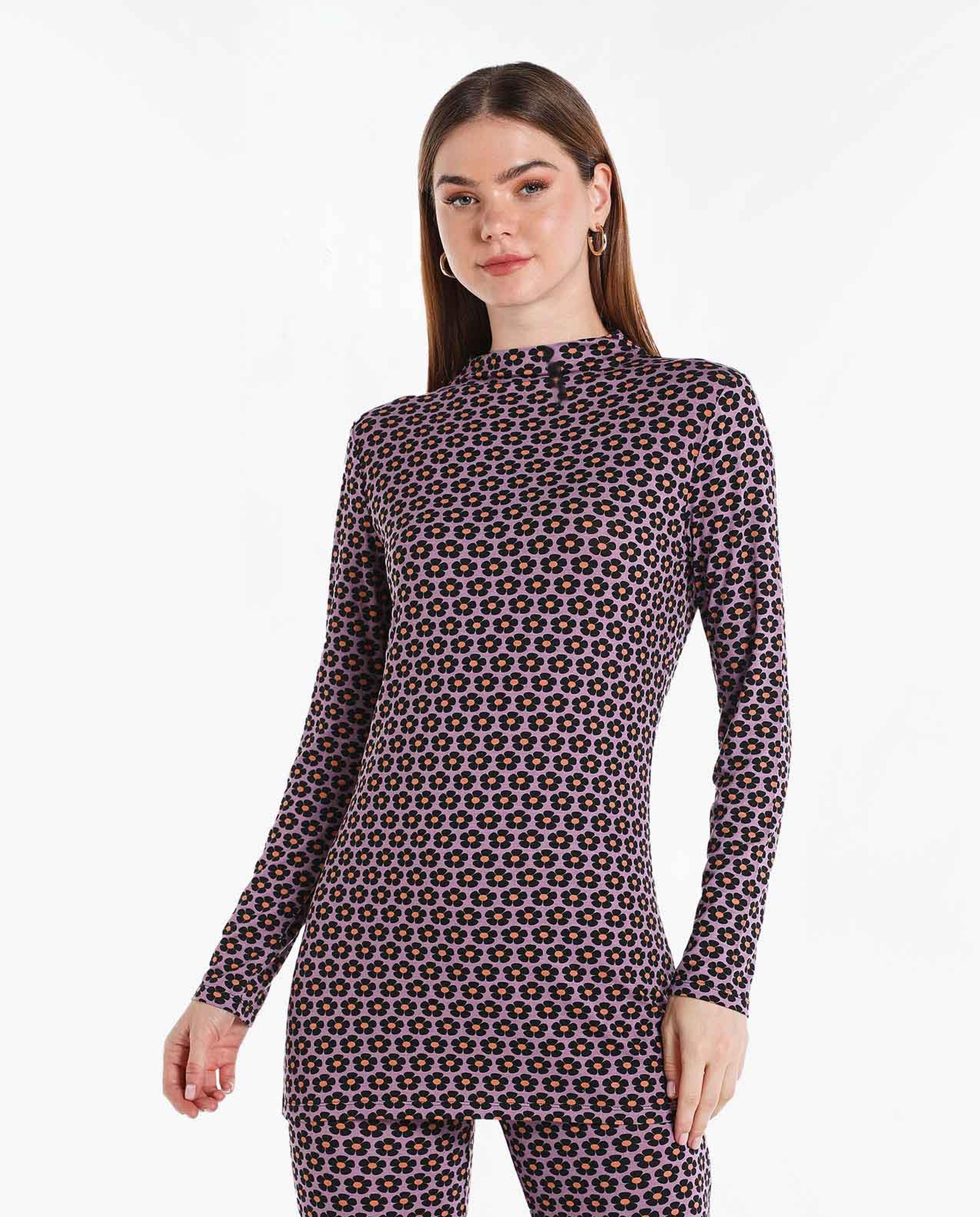 Printed Casual Top with Mock Neck and Long Sleeves