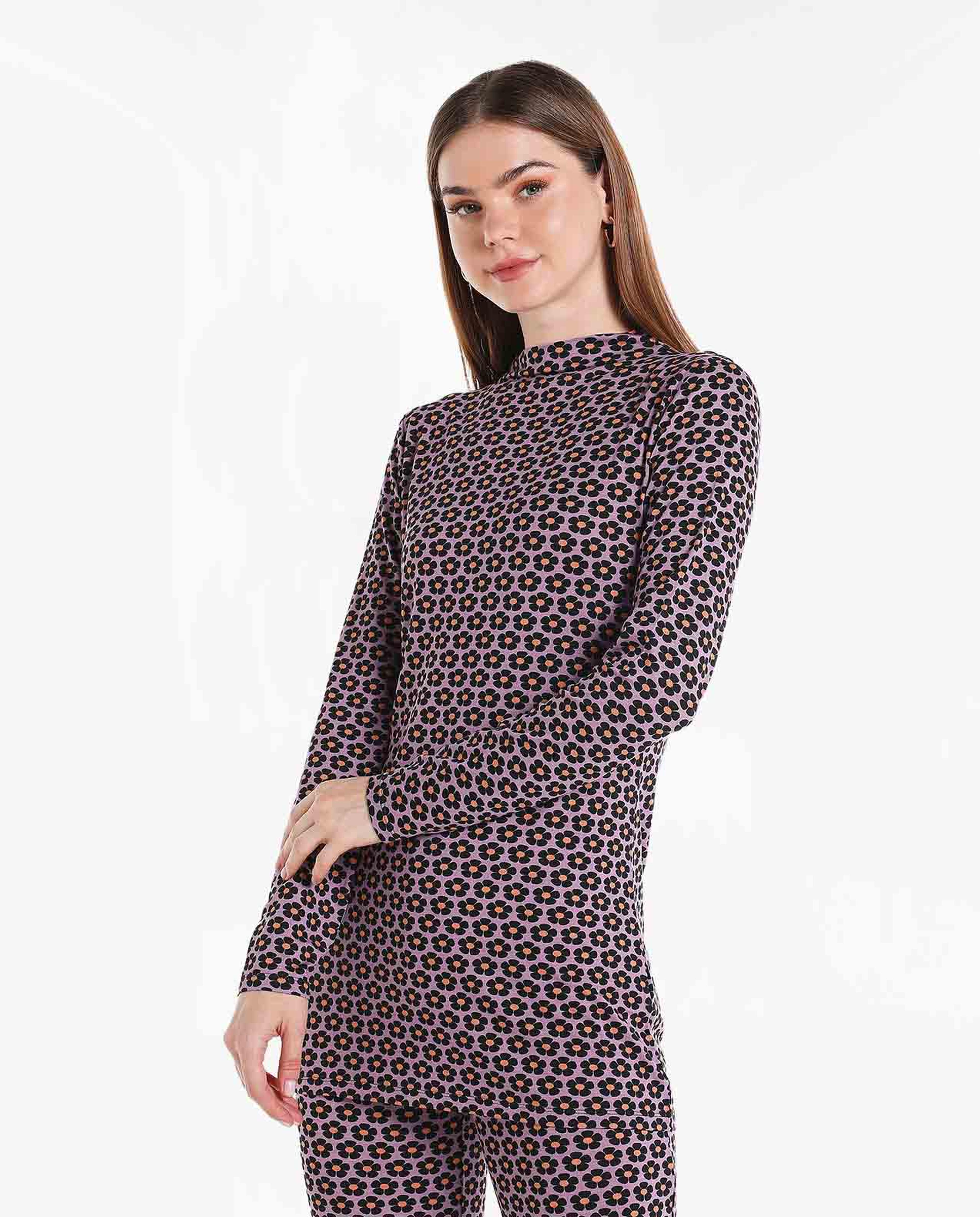 Printed Casual Top with Mock Neck and Long Sleeves