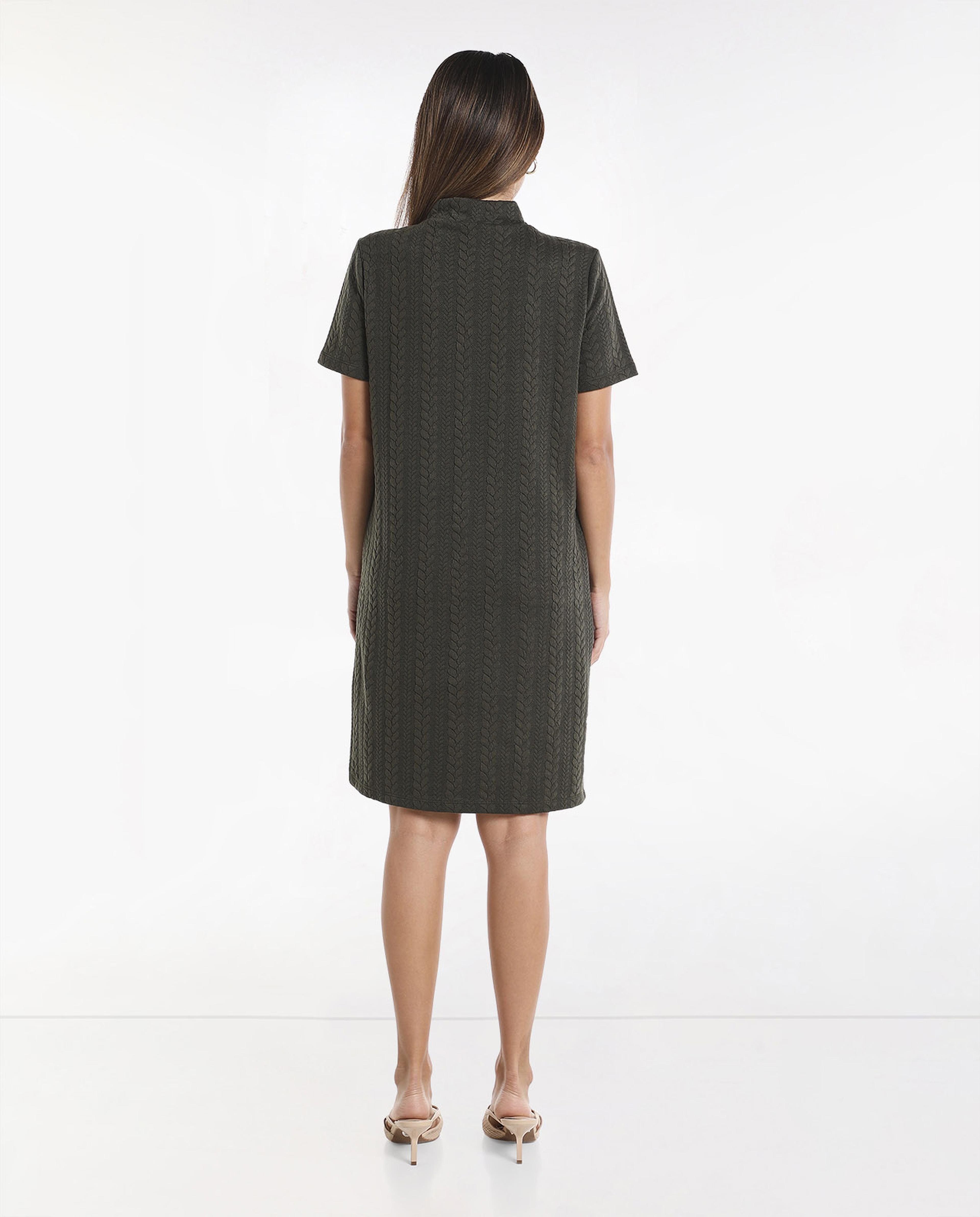 Embossed Straight Dress with Mock Neck and Short Sleeves