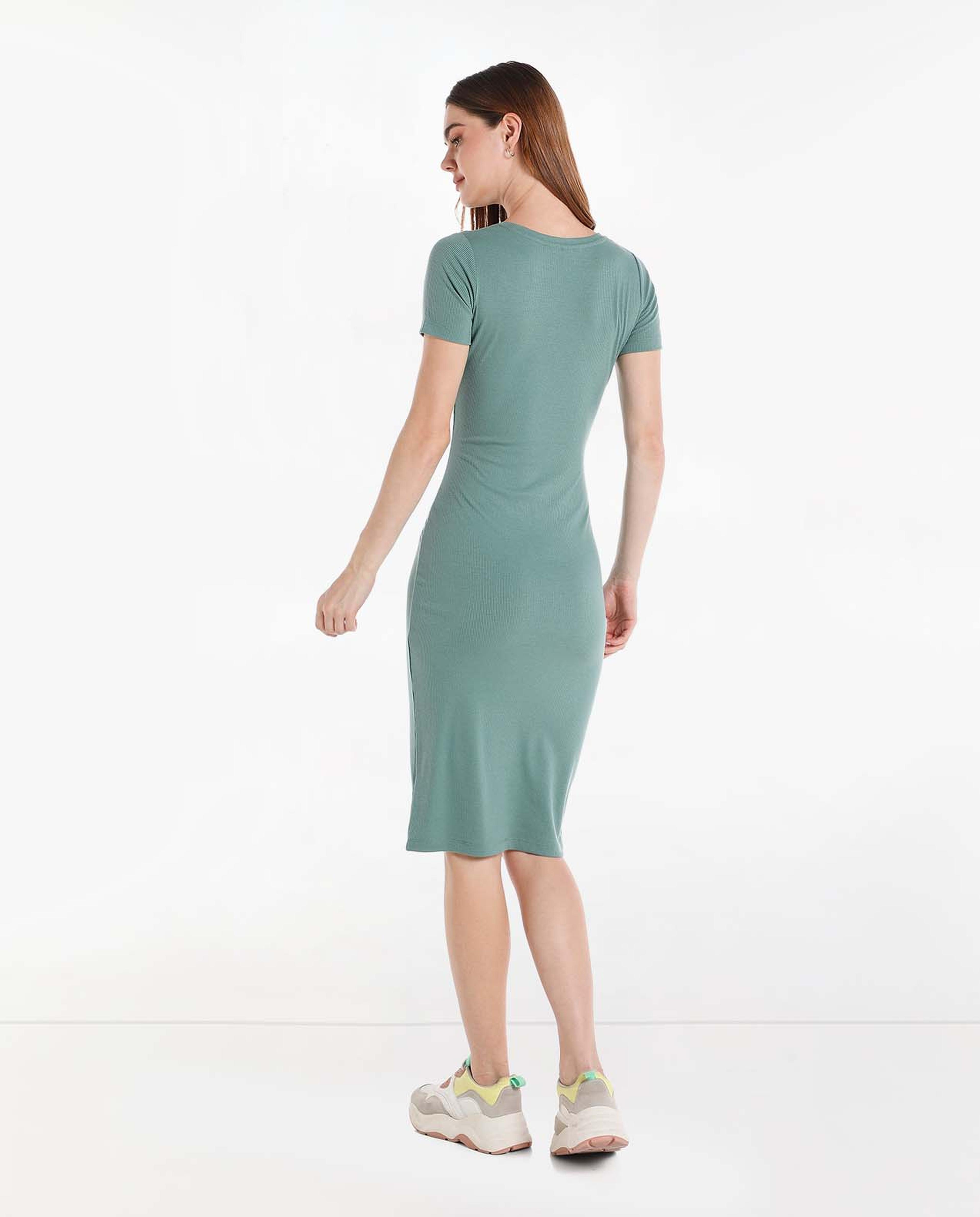 Printed Midi Dress with Round Neck and Short Sleeves