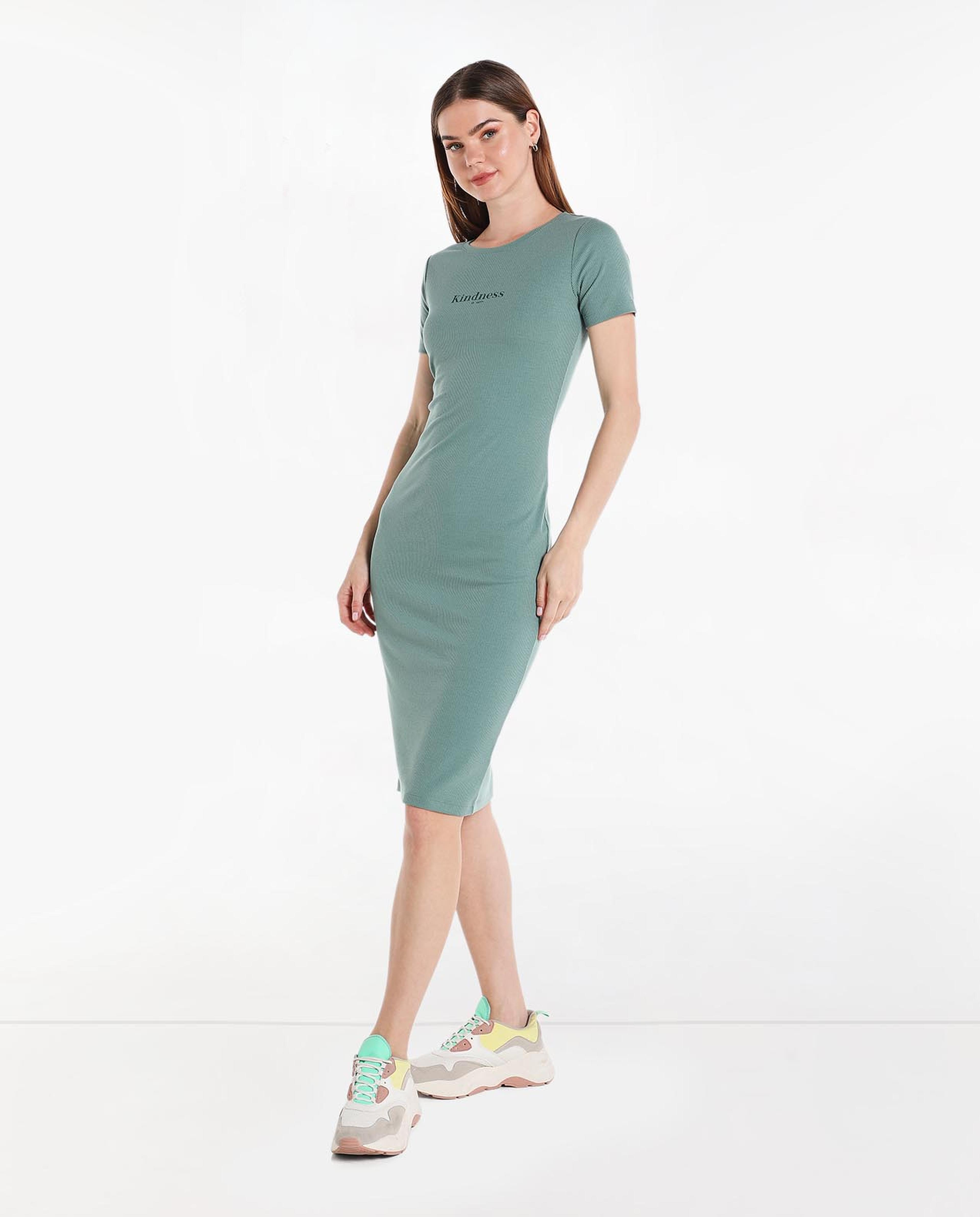 Printed Midi Dress with Round Neck and Short Sleeves