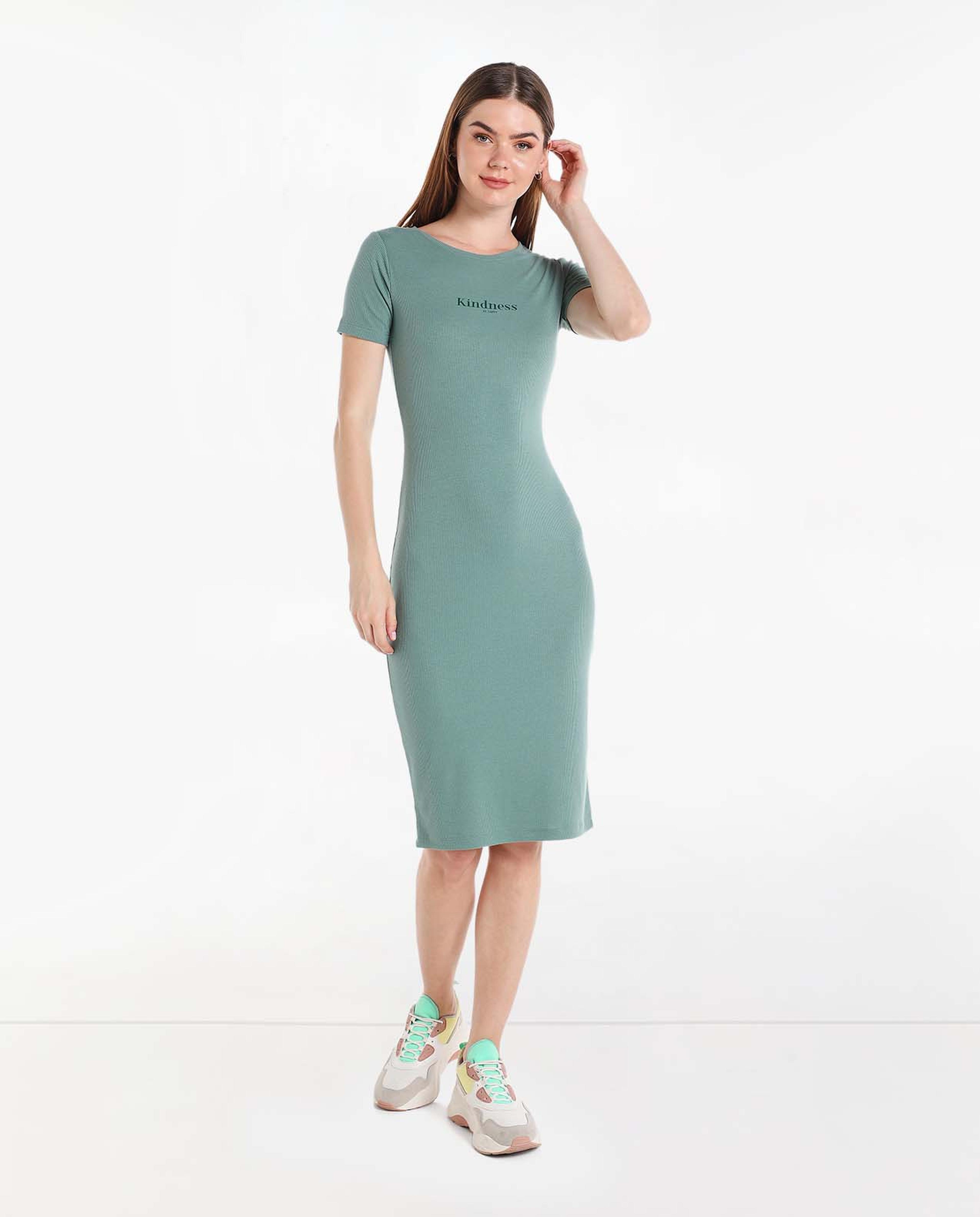 Printed Midi Dress with Round Neck and Short Sleeves