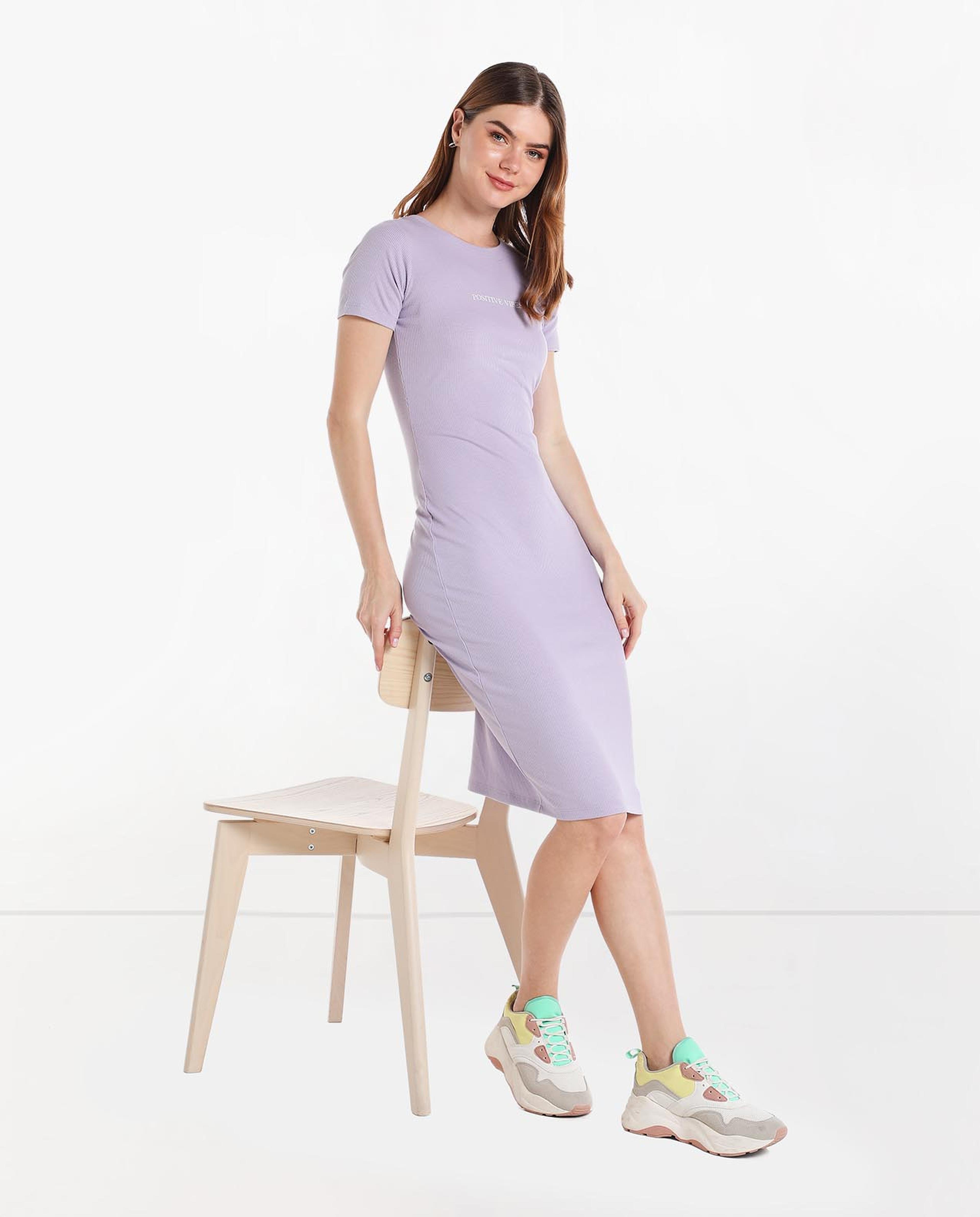 Printed Midi Dress with Round Neck and Short Sleeves