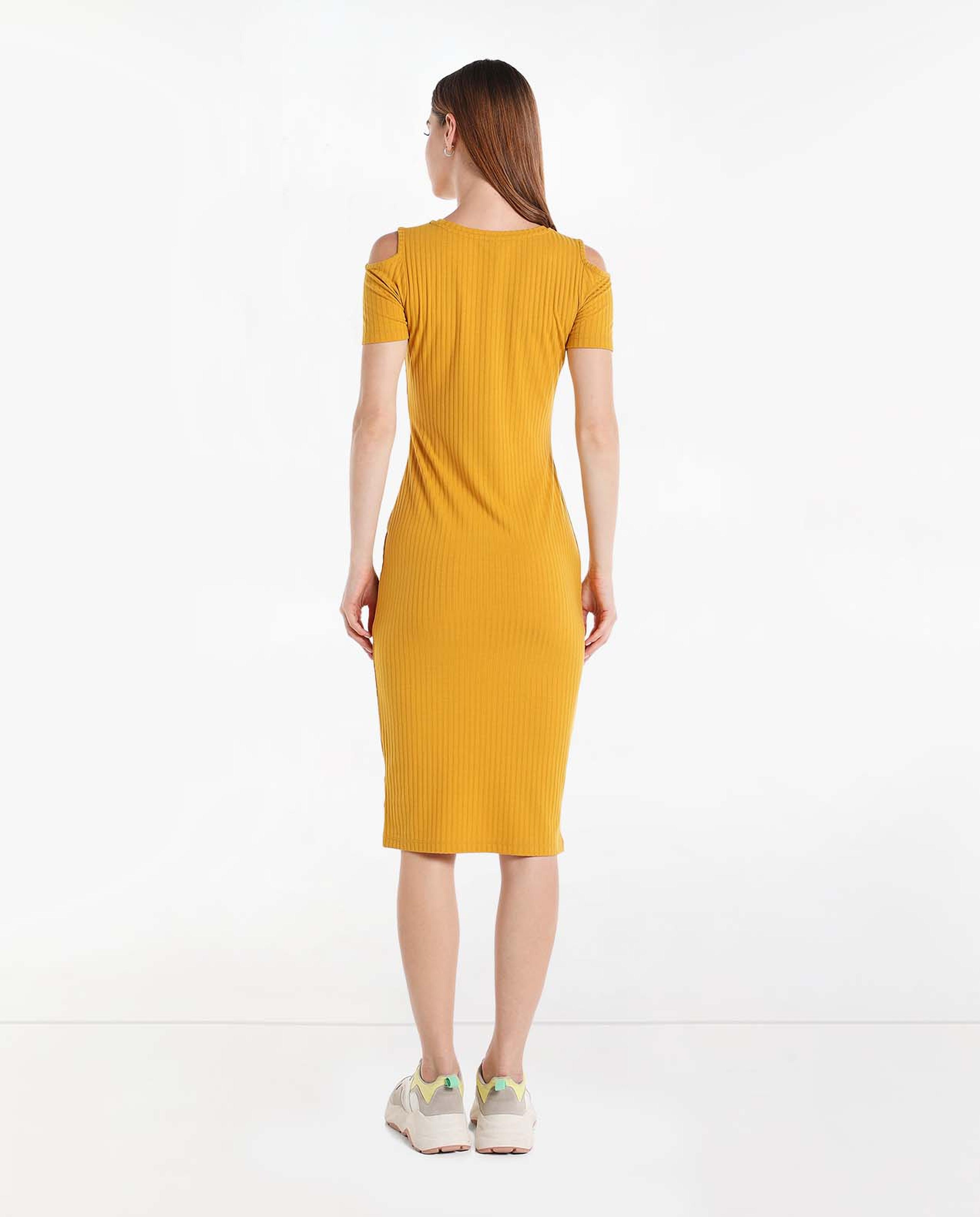 Printed Midi Dress with Round Neck and Short Sleeves
