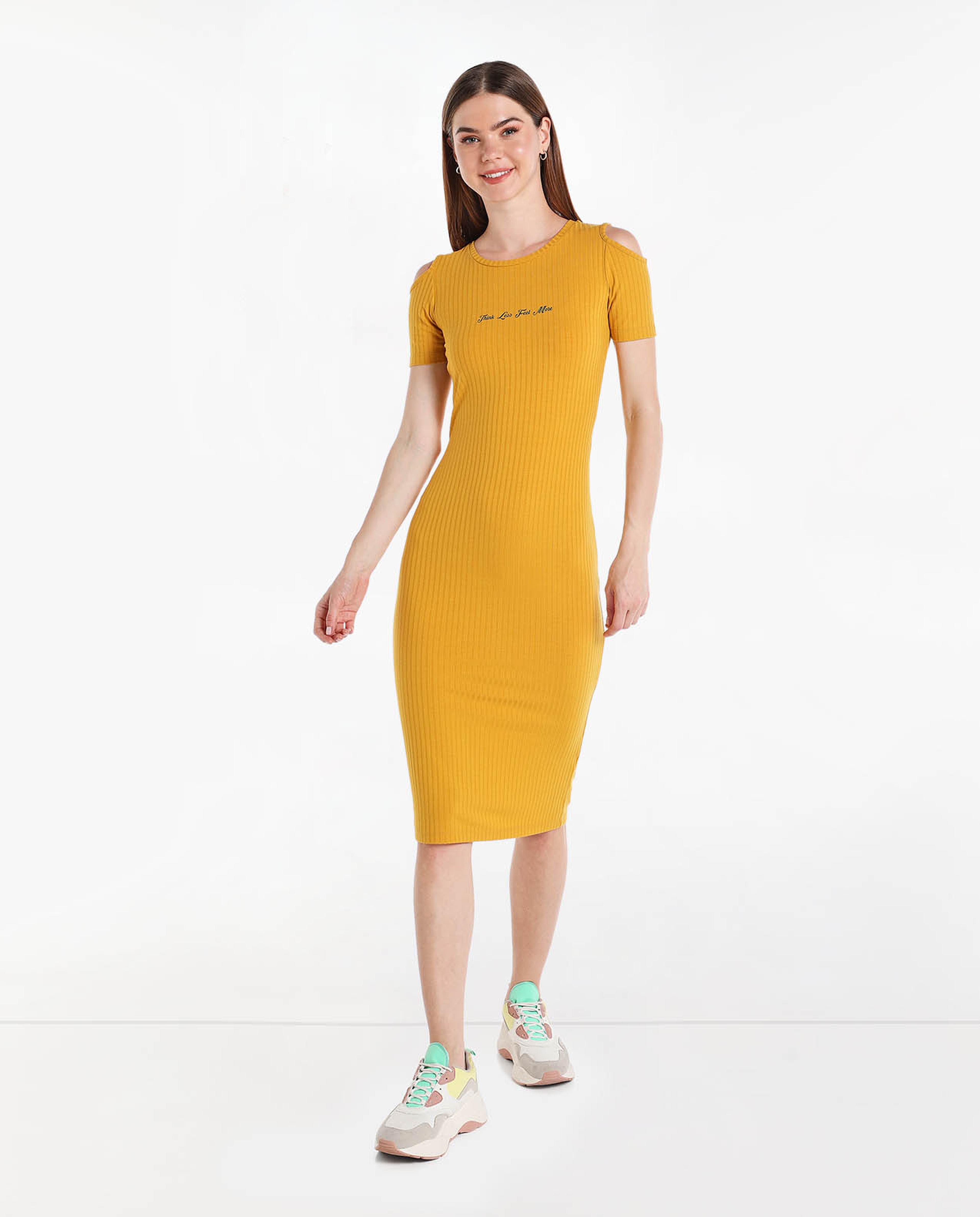 Printed Midi Dress with Round Neck and Short Sleeves