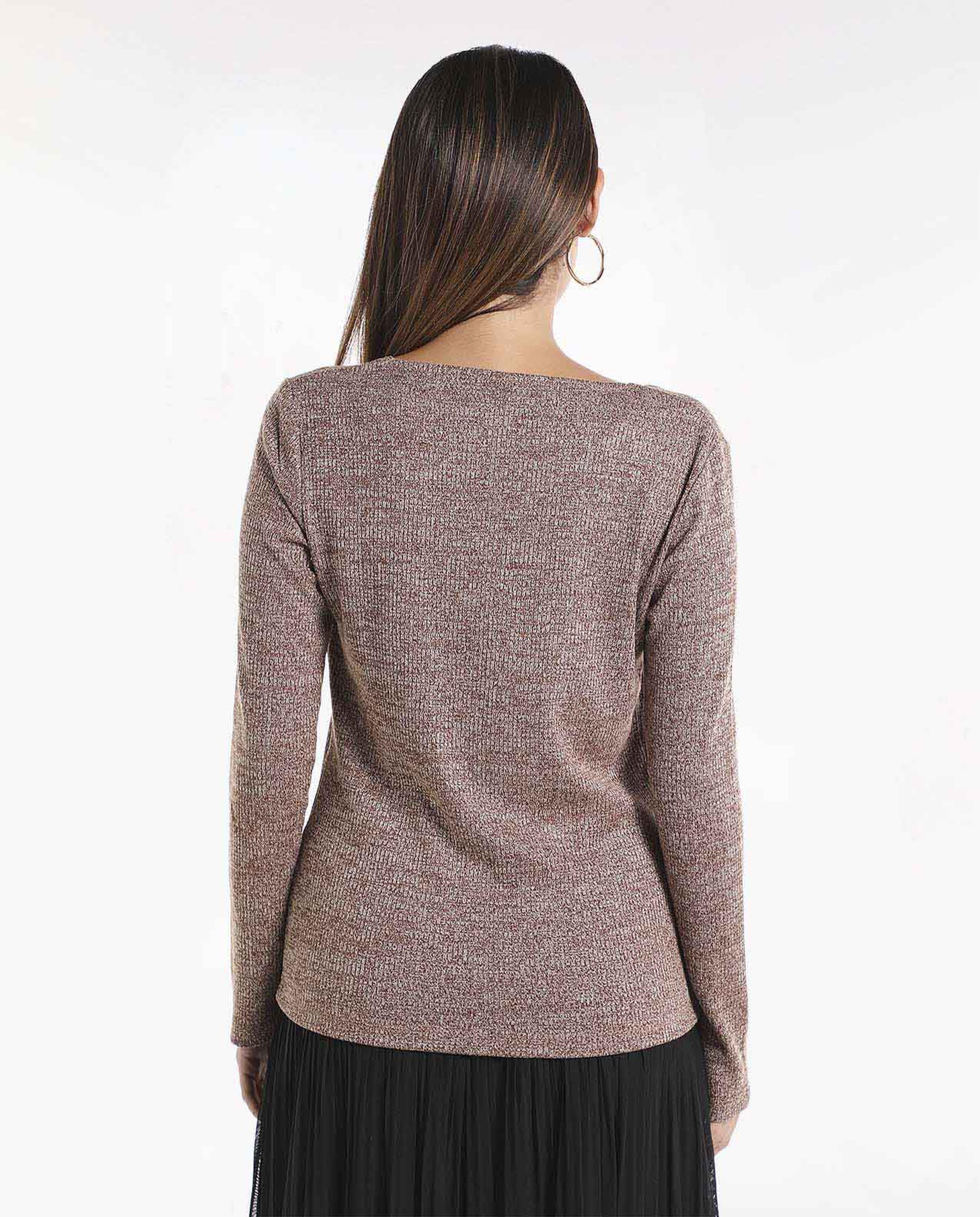 Textured Casual Top with Sweetheart Neck and Long Sleeves