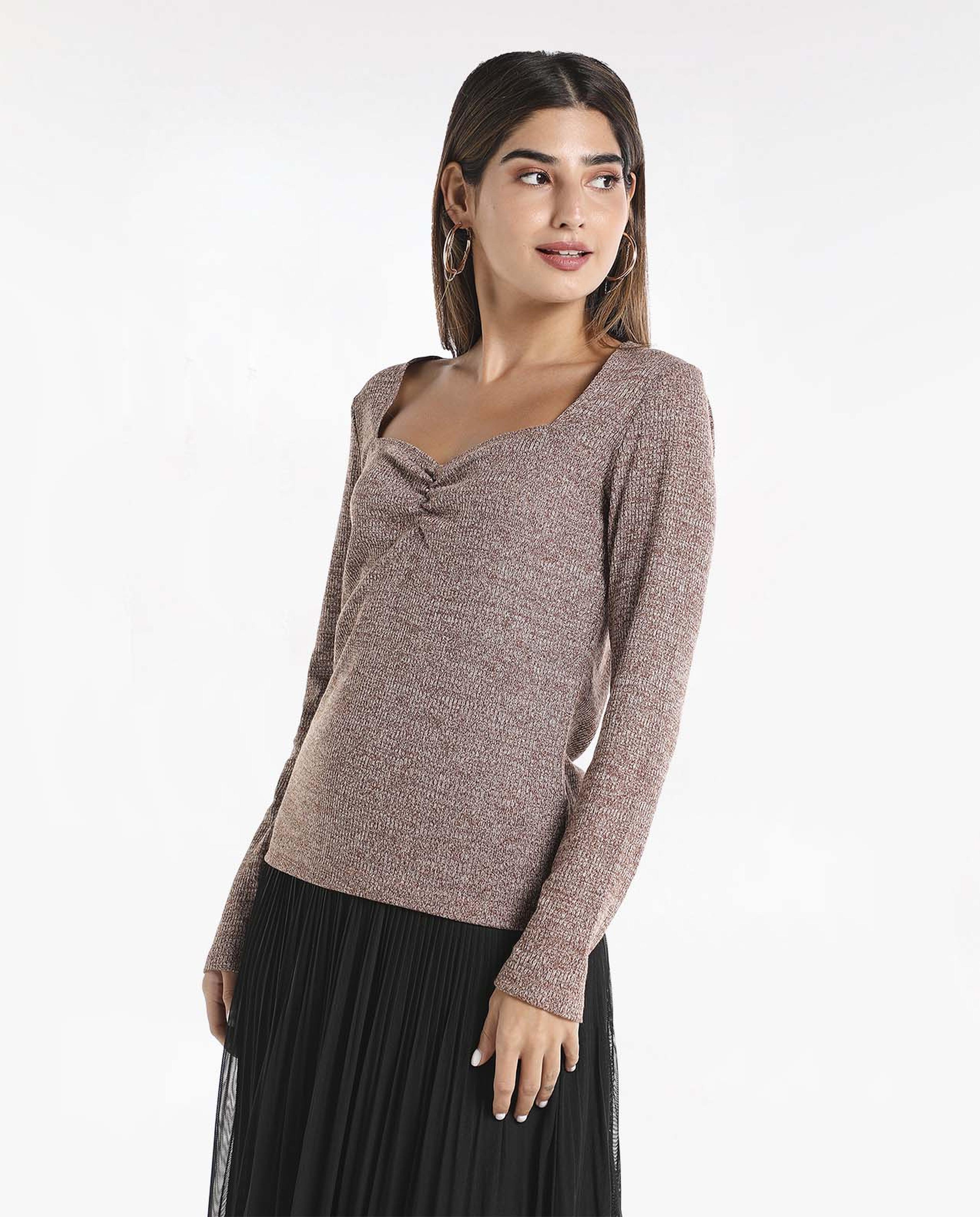 Textured Casual Top with Sweetheart Neck and Long Sleeves