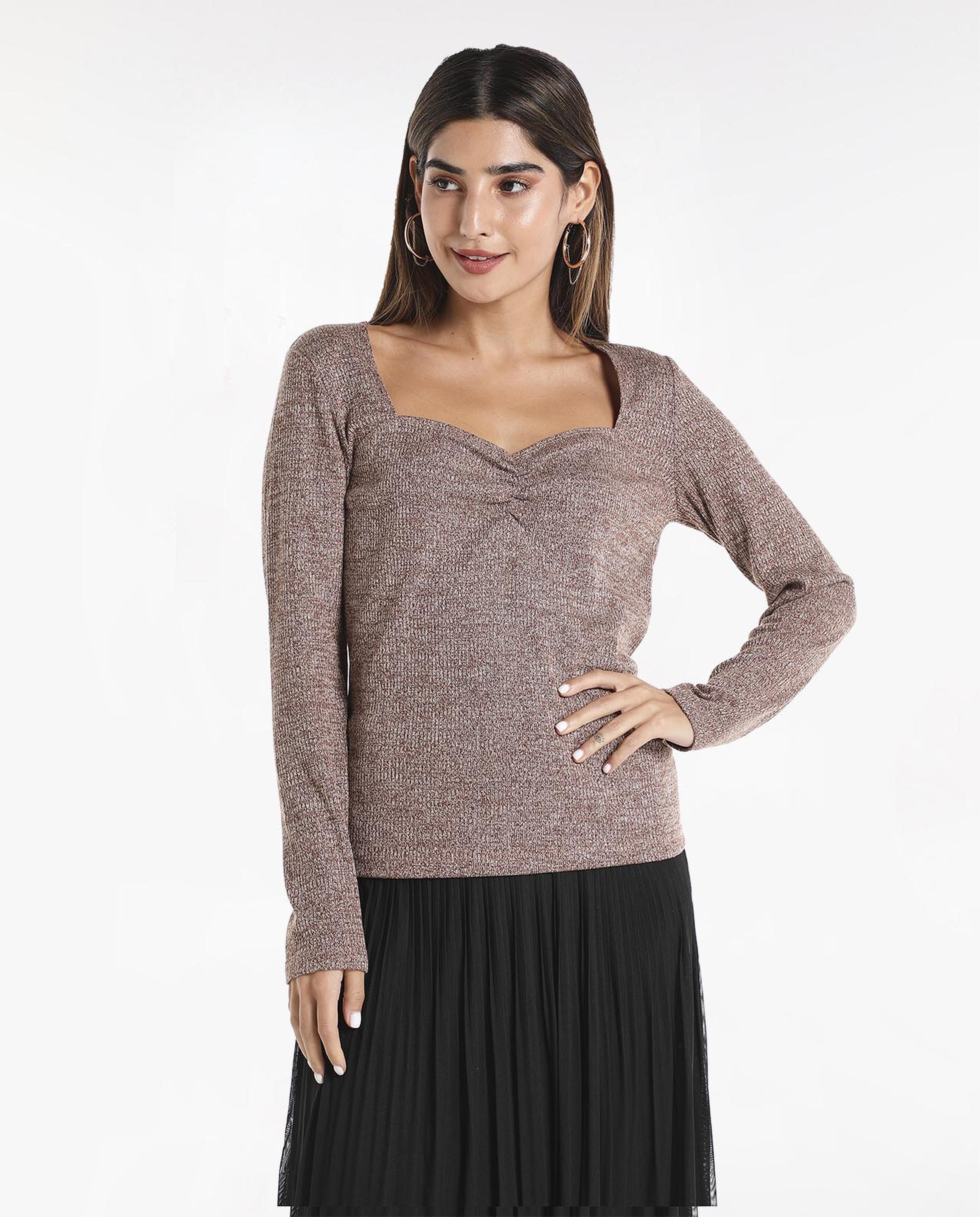 Textured Casual Top with Sweetheart Neck and Long Sleeves