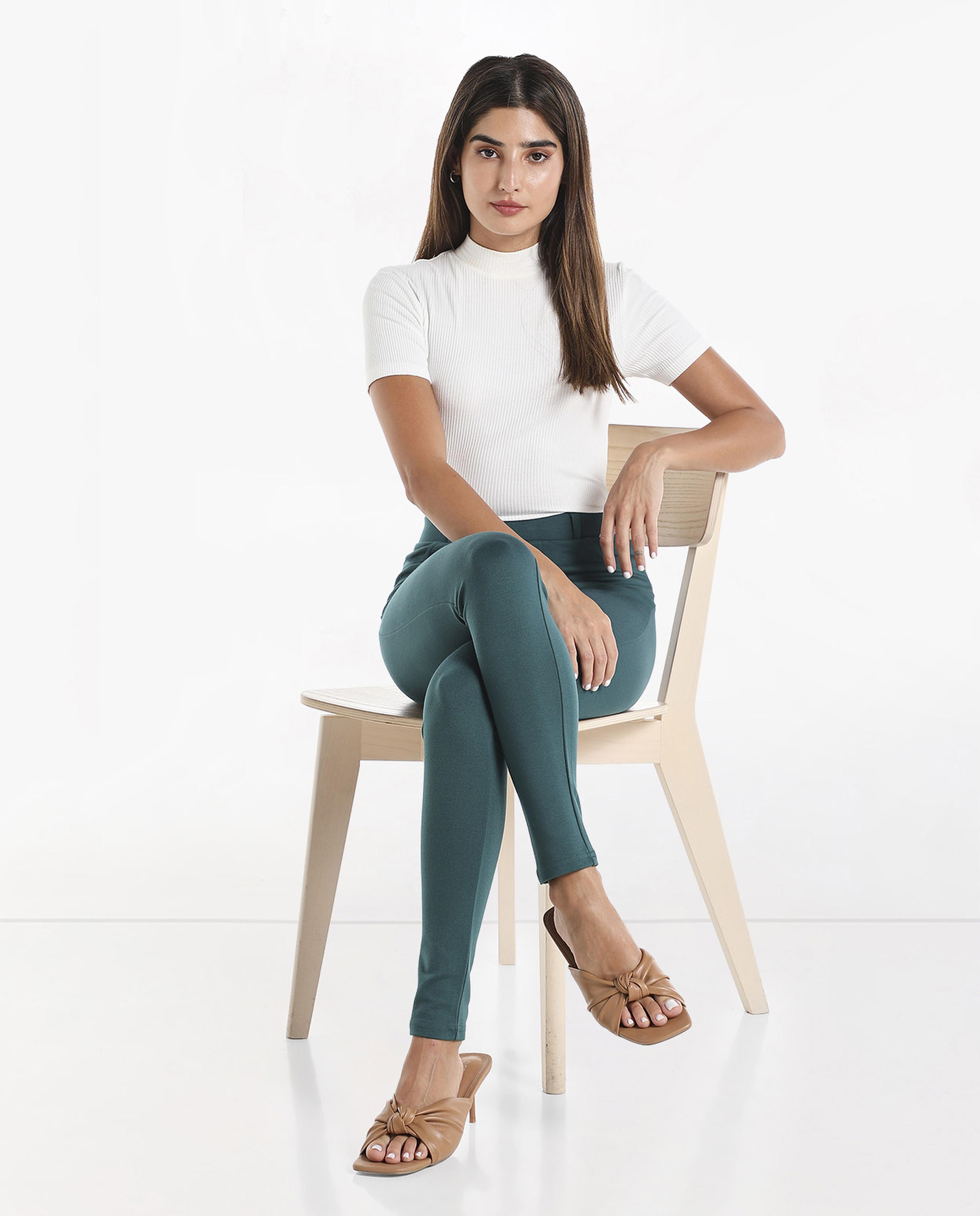 Solid Knit Jeggings with Elasticated Waist