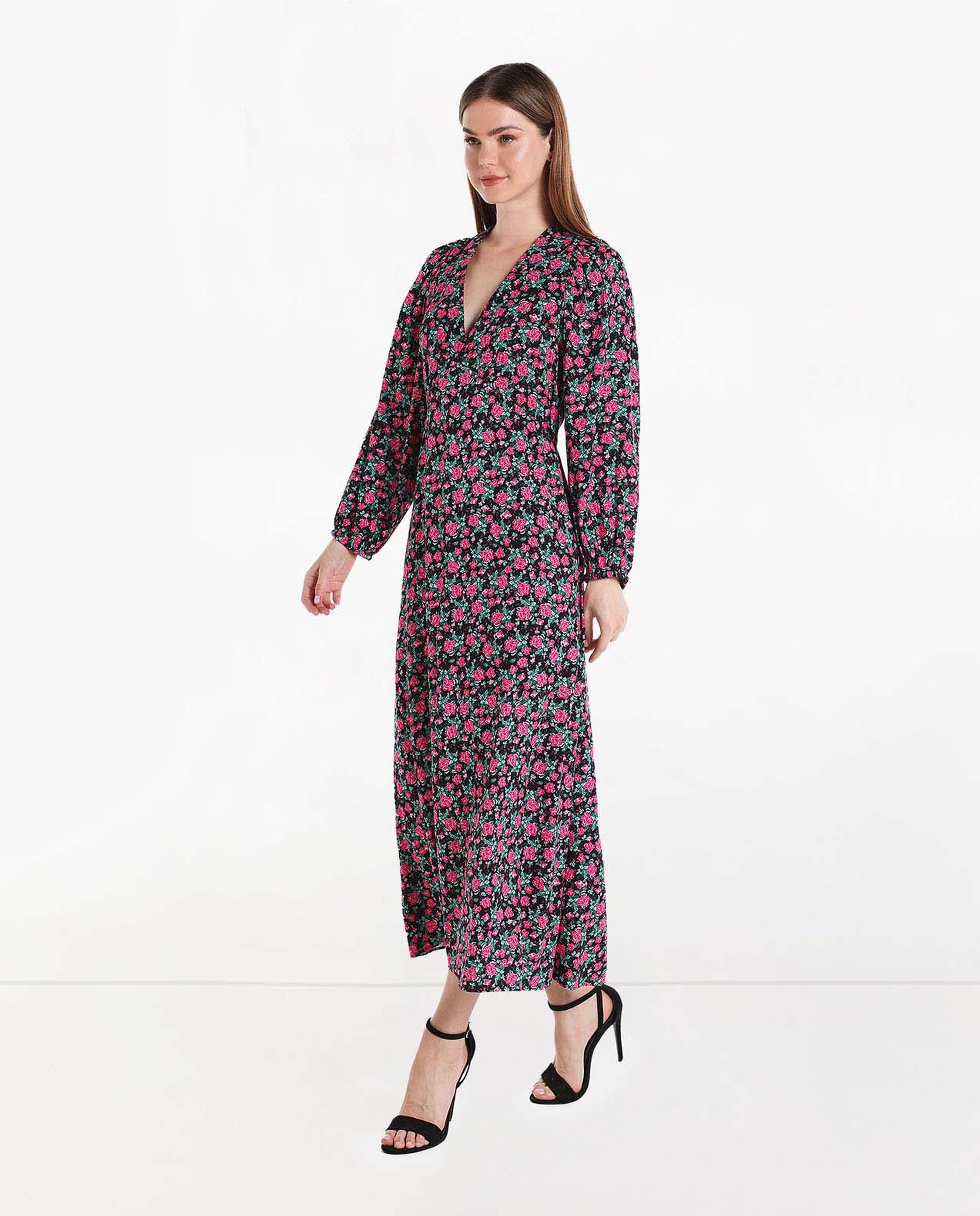 Printed Maxi Dress with V-Neck and Long Sleeves