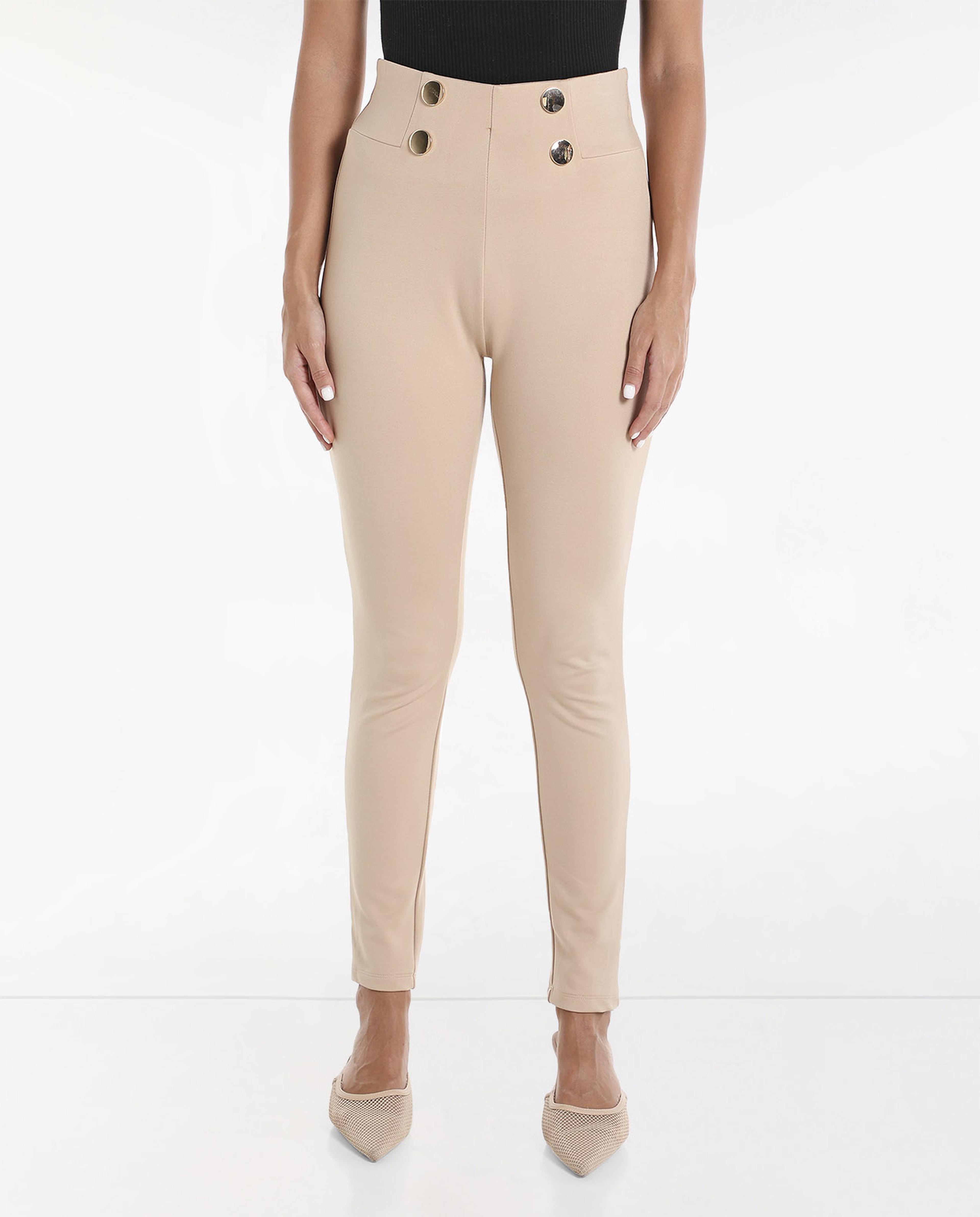 Solid High Rise Jeggings with Buttoned Elasticated Waist