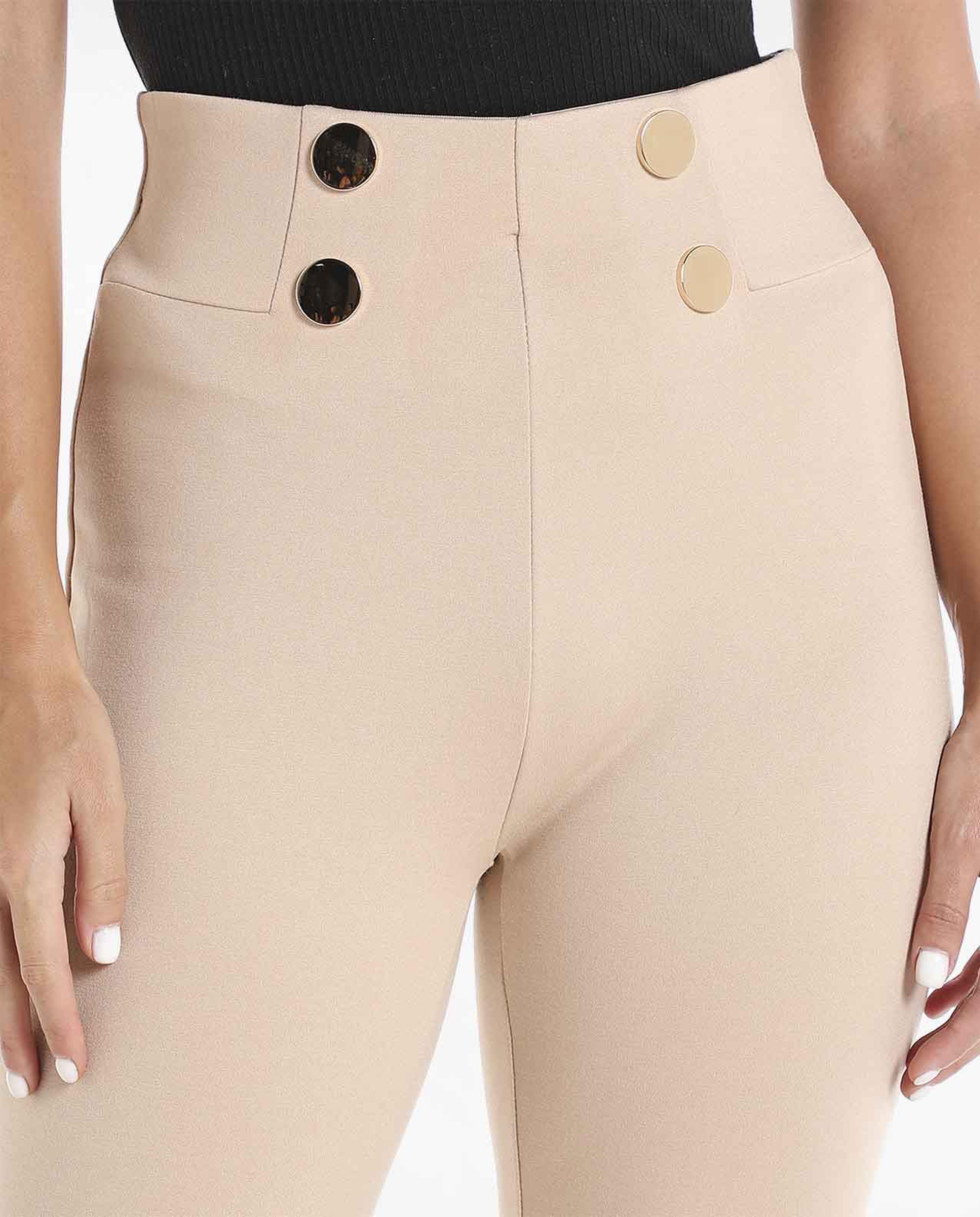 Solid High Rise Jeggings with Buttoned Elasticated Waist