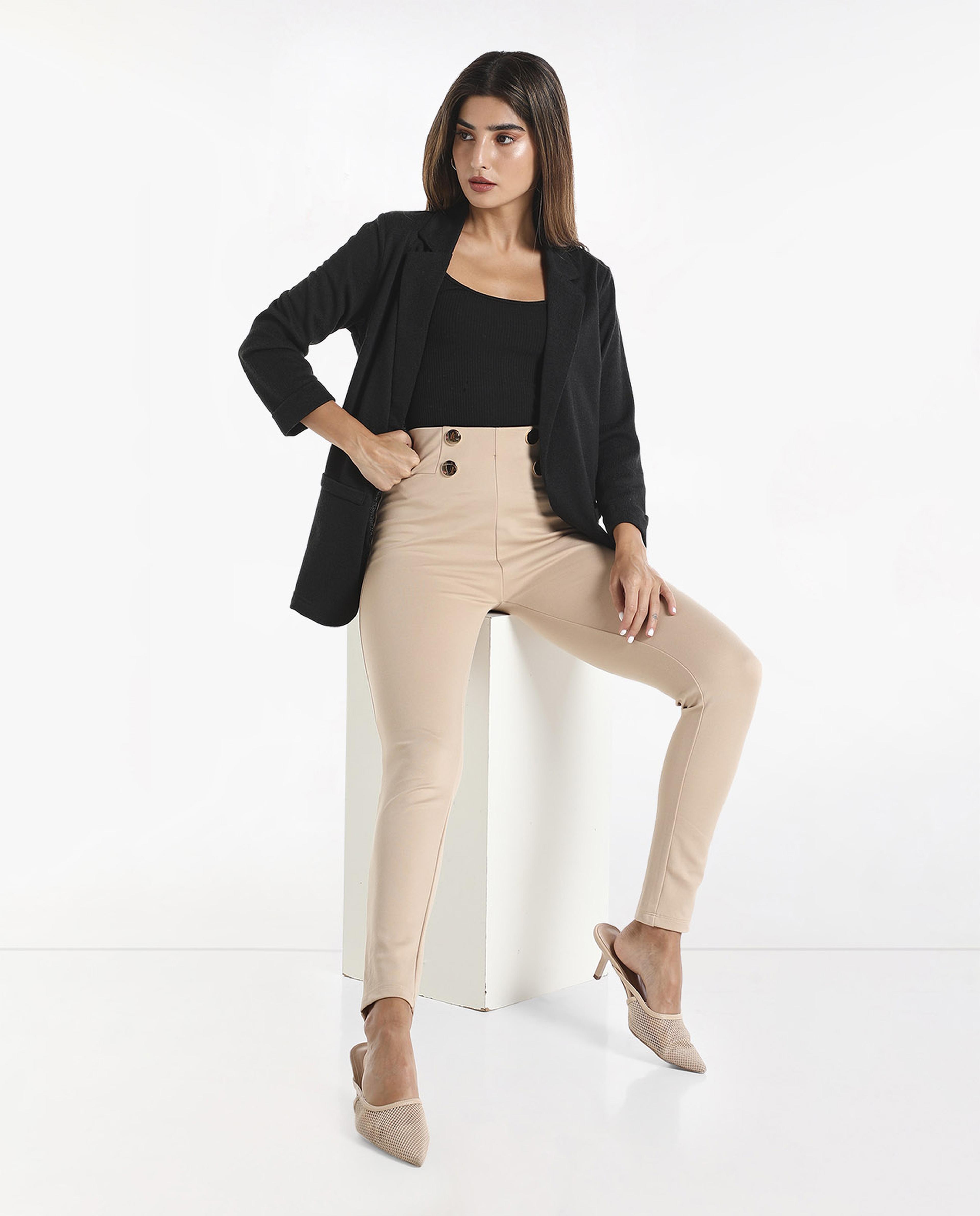 Solid High Rise Jeggings with Buttoned Elasticated Waist