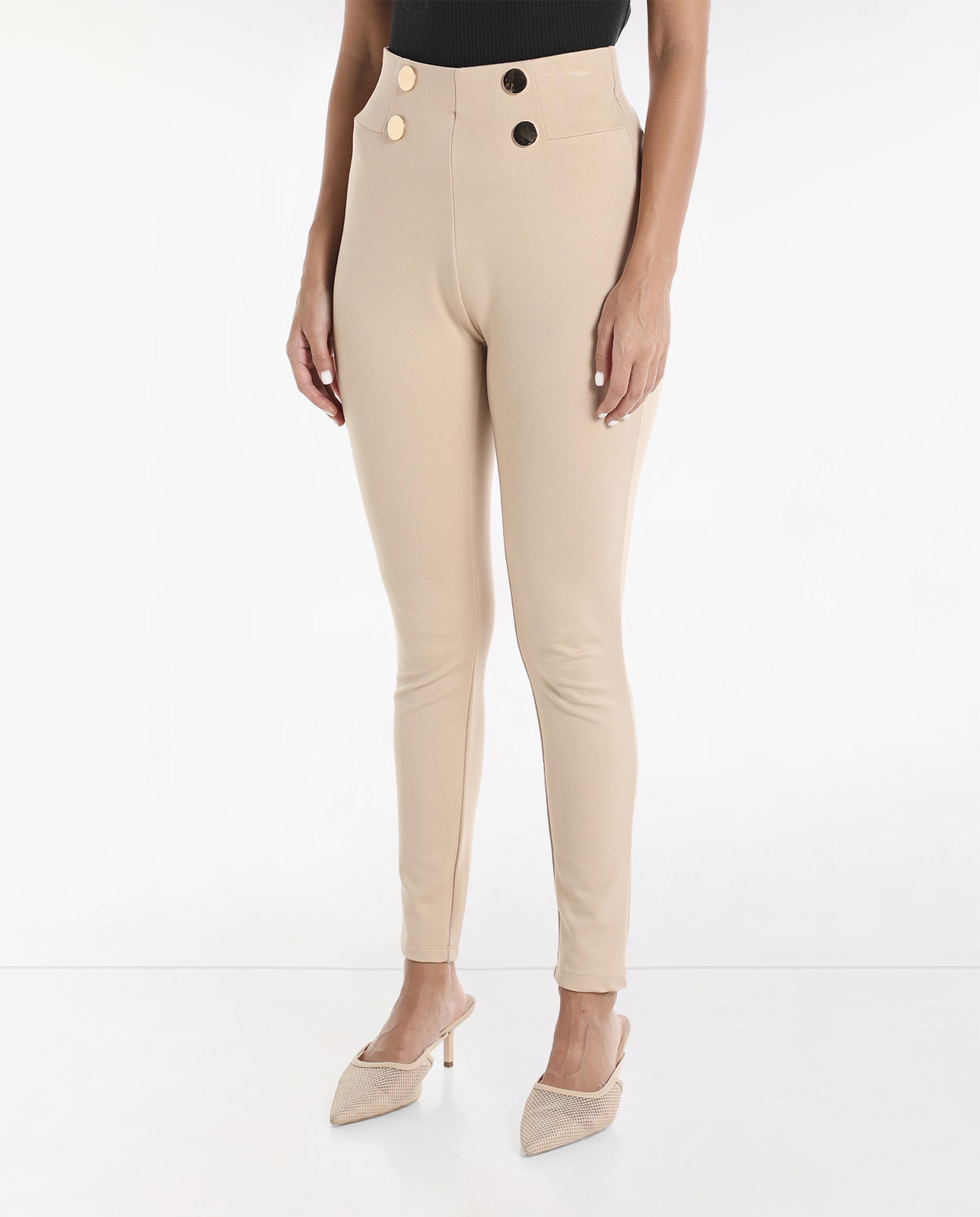 Solid High Rise Jeggings with Buttoned Elasticated Waist