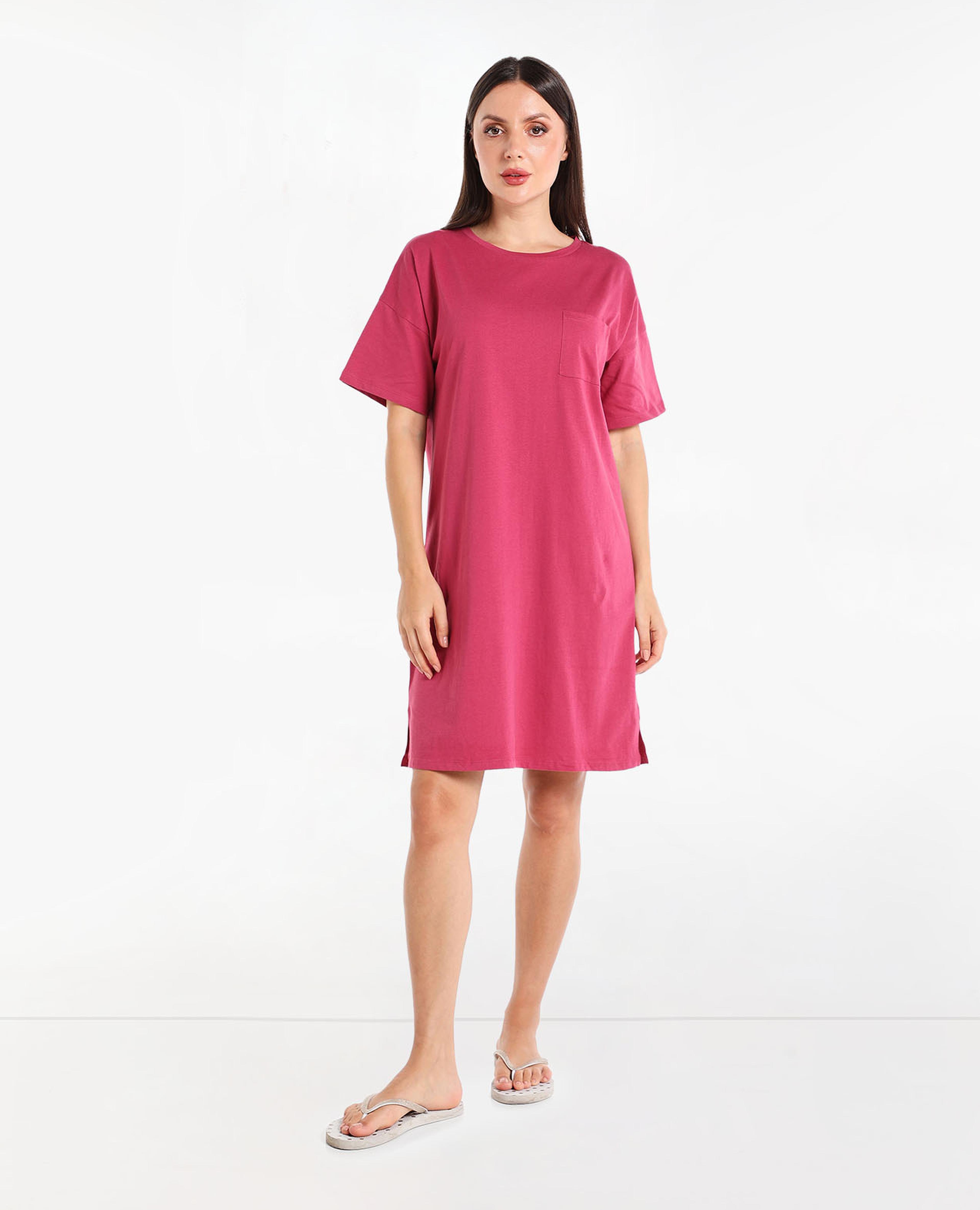Solid Sleep T-Shirt with Round Neck and Drop-Shoulder Sleeves