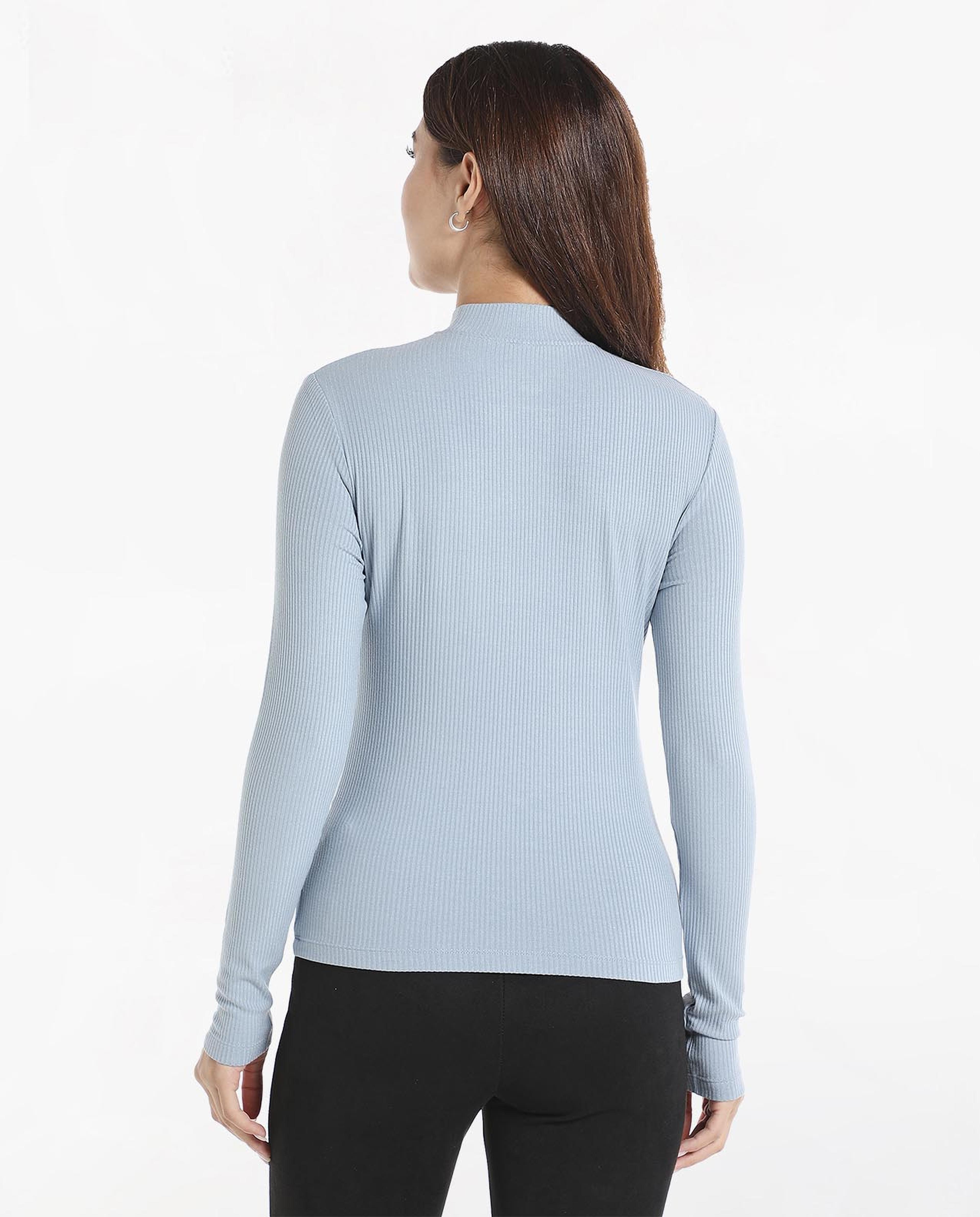 Ribbed Fitted Top with High Neck and Long Sleeves