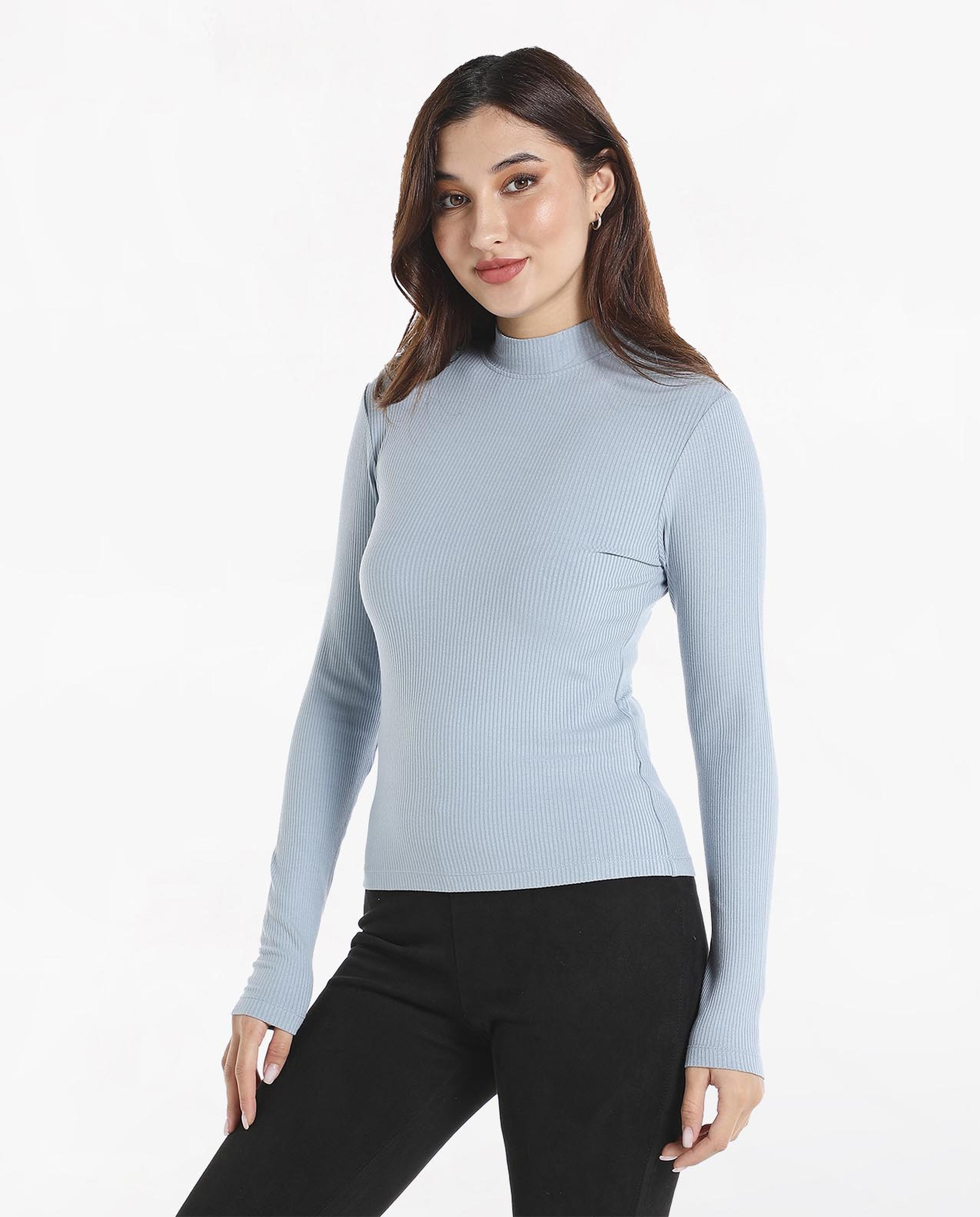 Ribbed Fitted Top with High Neck and Long Sleeves