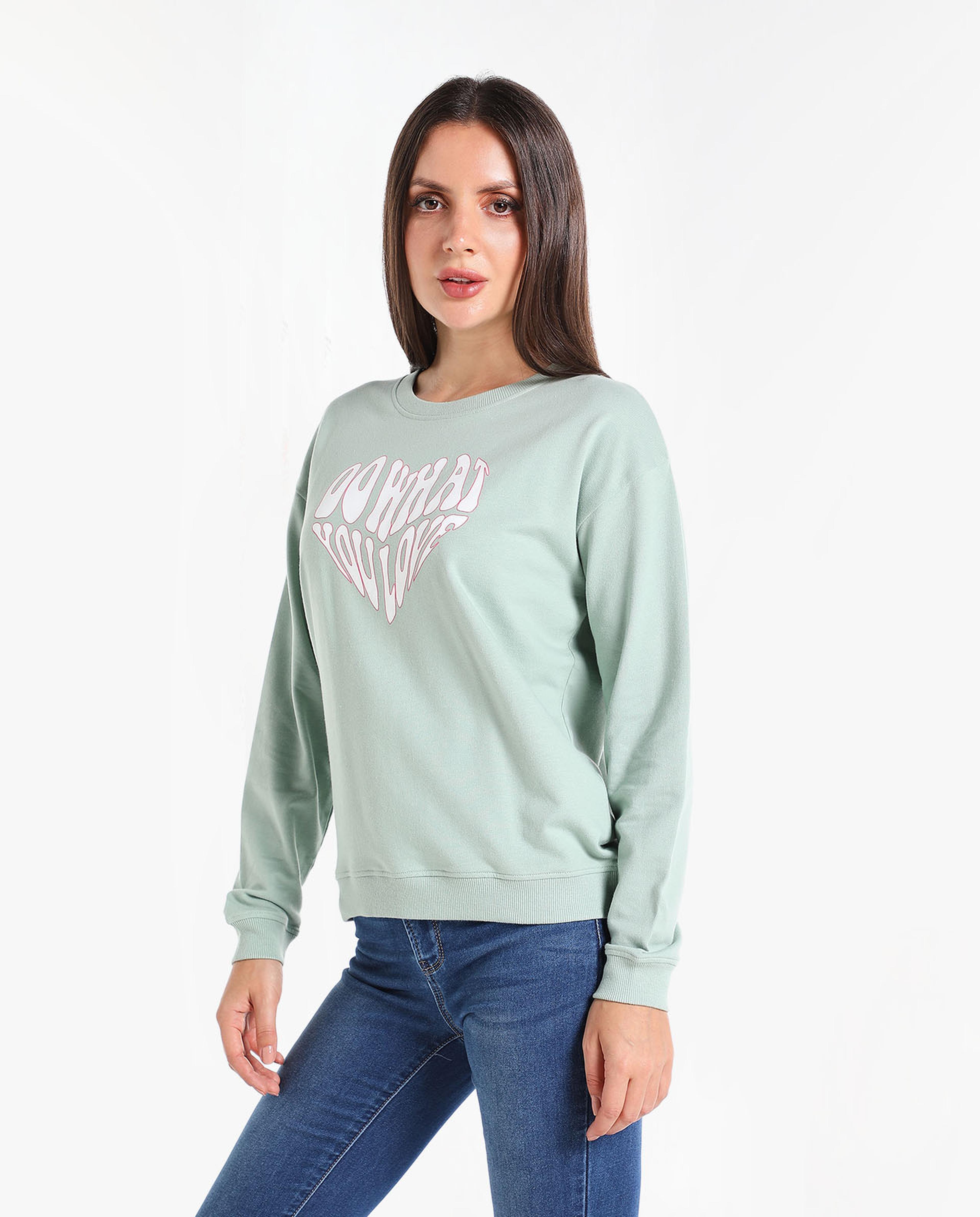 Typography Printed Sweatshirt with Round Neck and Long Sleeves