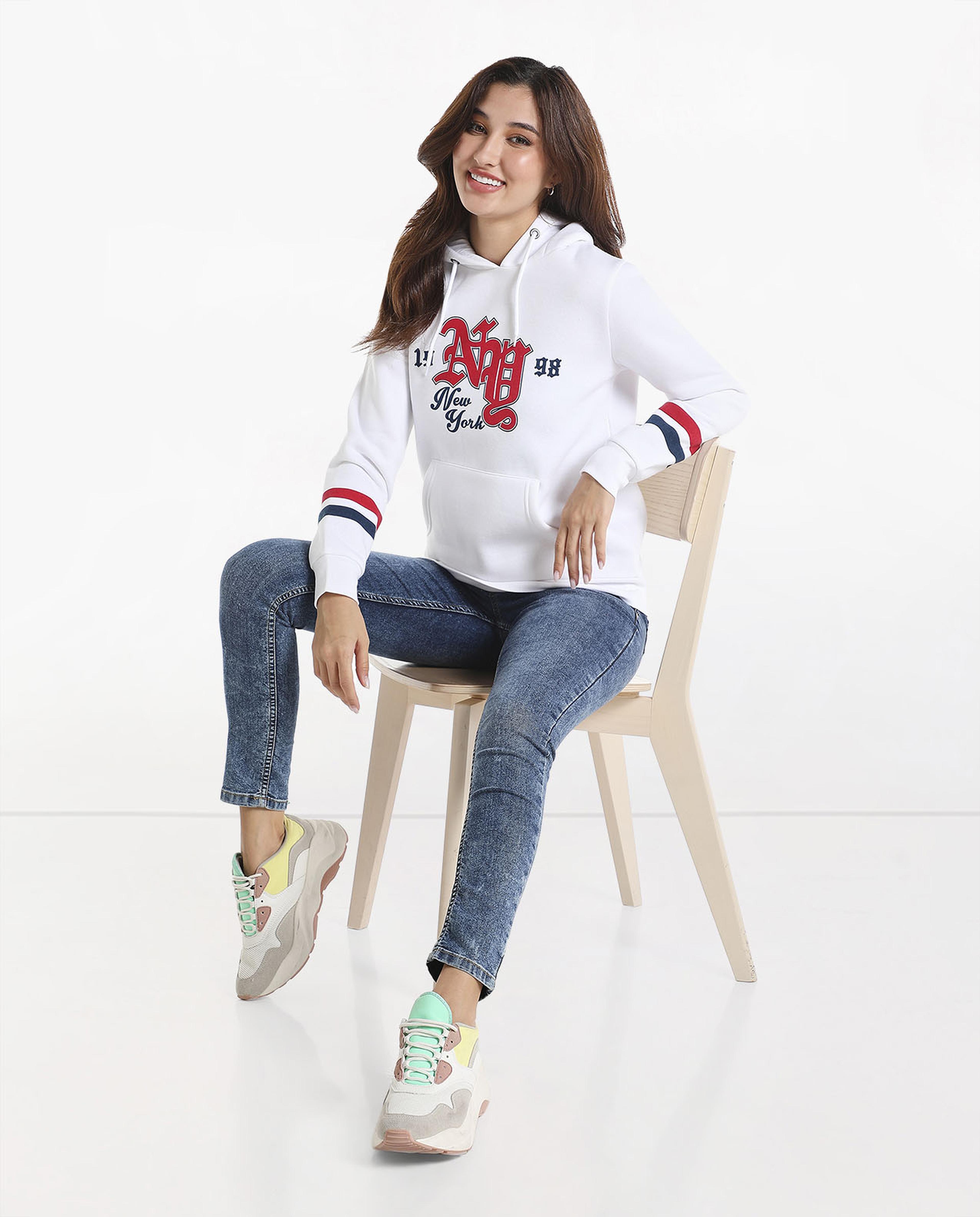 Typography Printed Sweatshirt with Hooded Neck and Long Sleeves