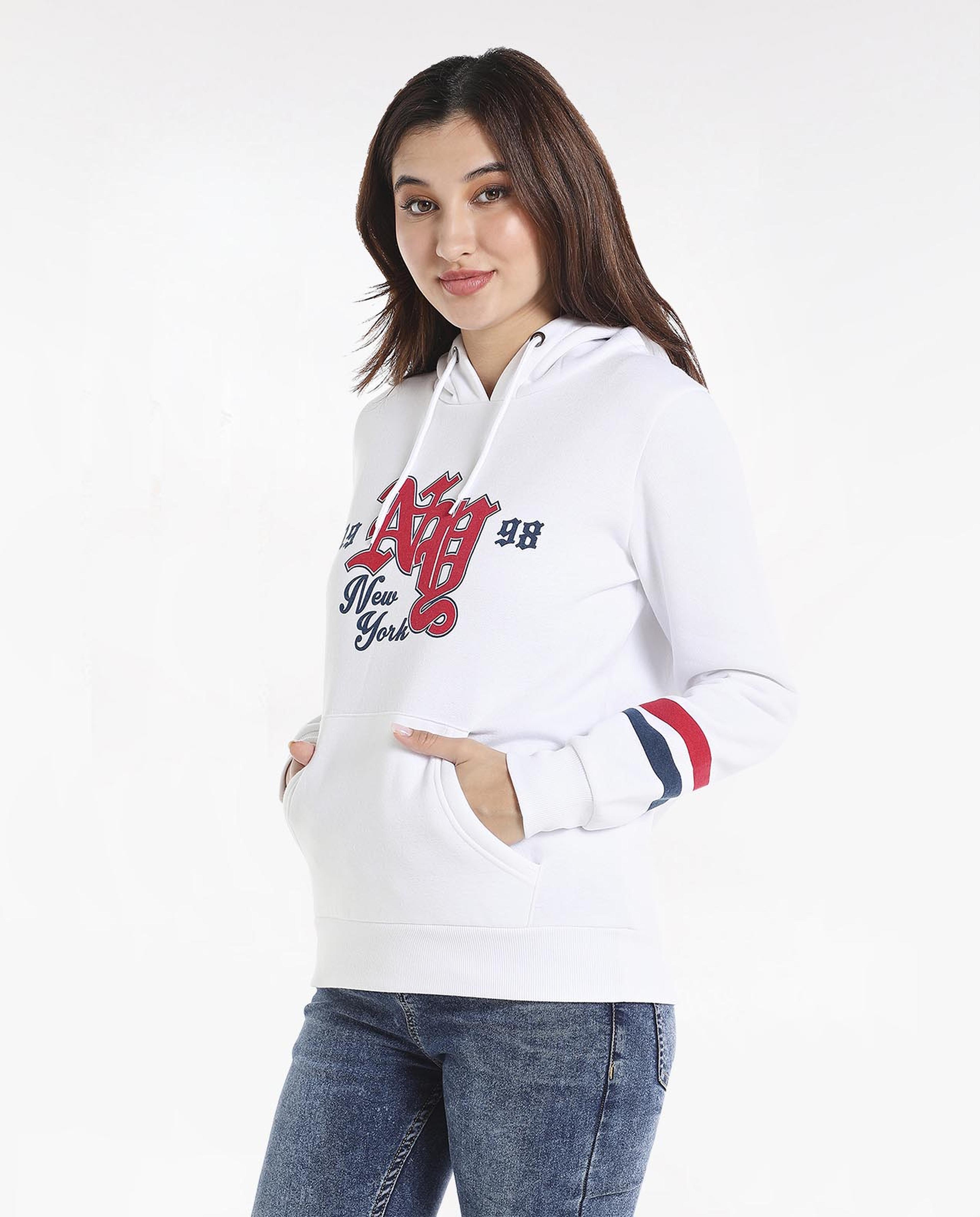 Typography Printed Sweatshirt with Hooded Neck and Long Sleeves