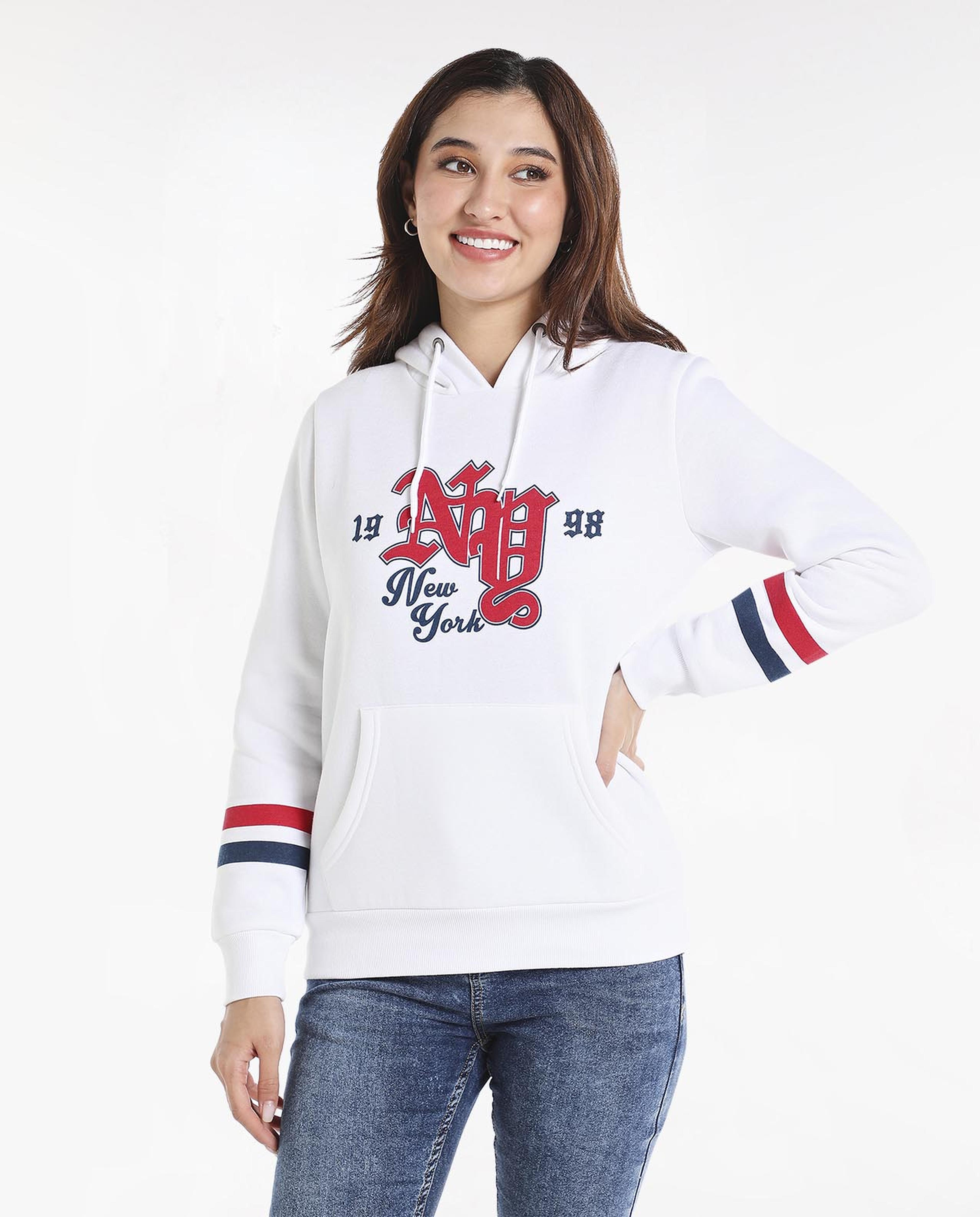Typography Printed Sweatshirt with Hooded Neck and Long Sleeves