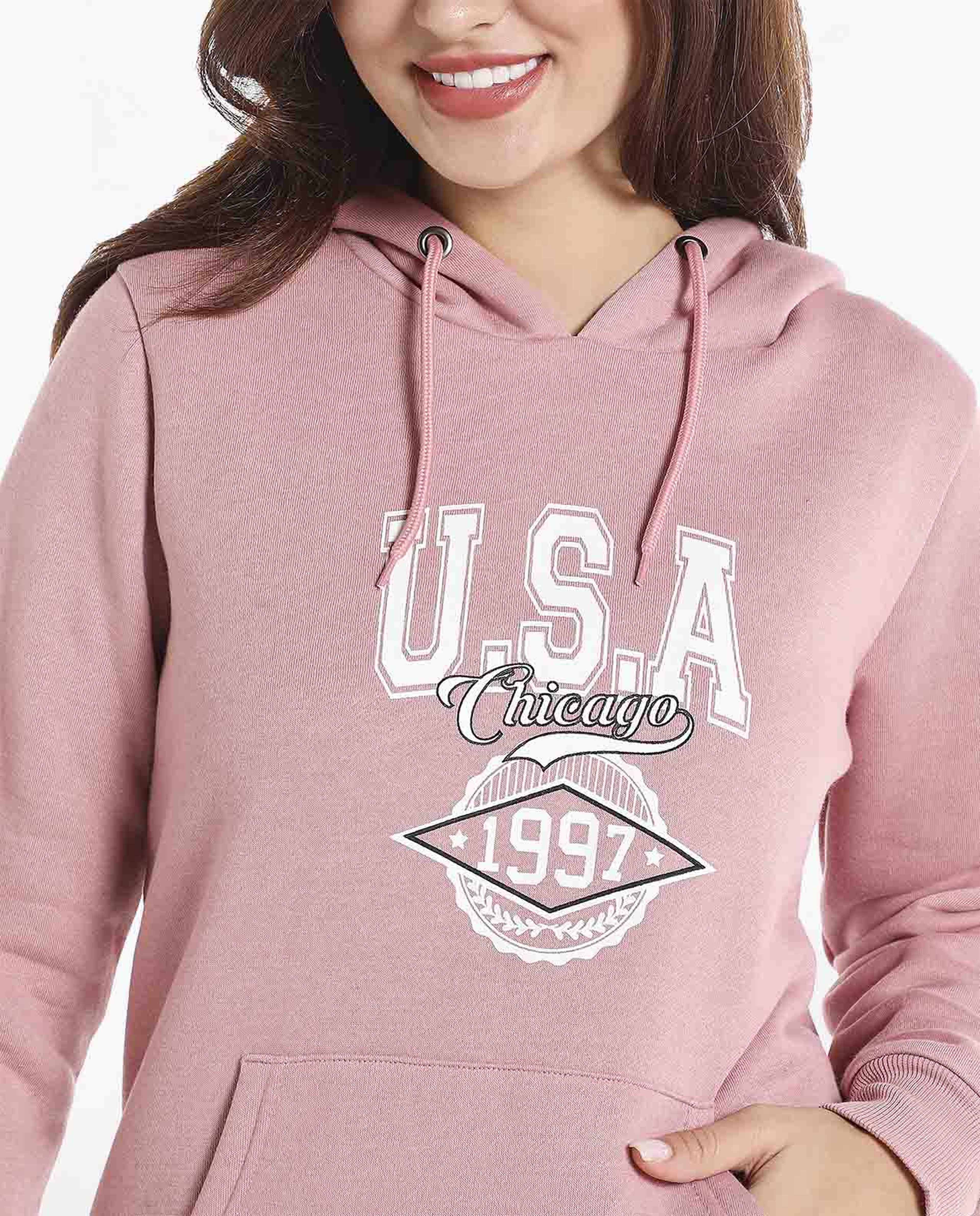 Typography Printed Sweatshirt with Hooded Neck and Long Sleeves