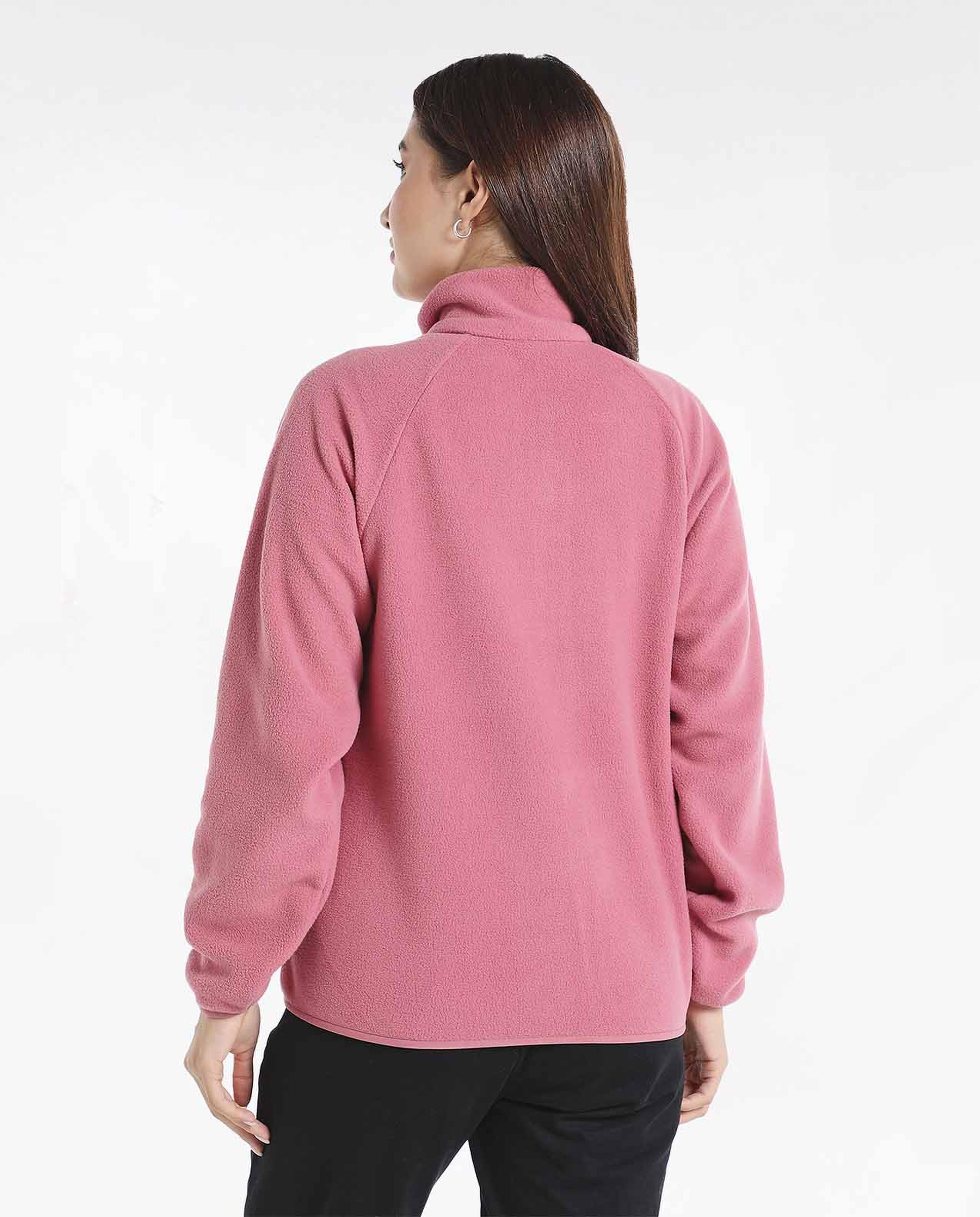 Solid Fleece Open-Front Jacket with Mock Collar and Long Sleeves