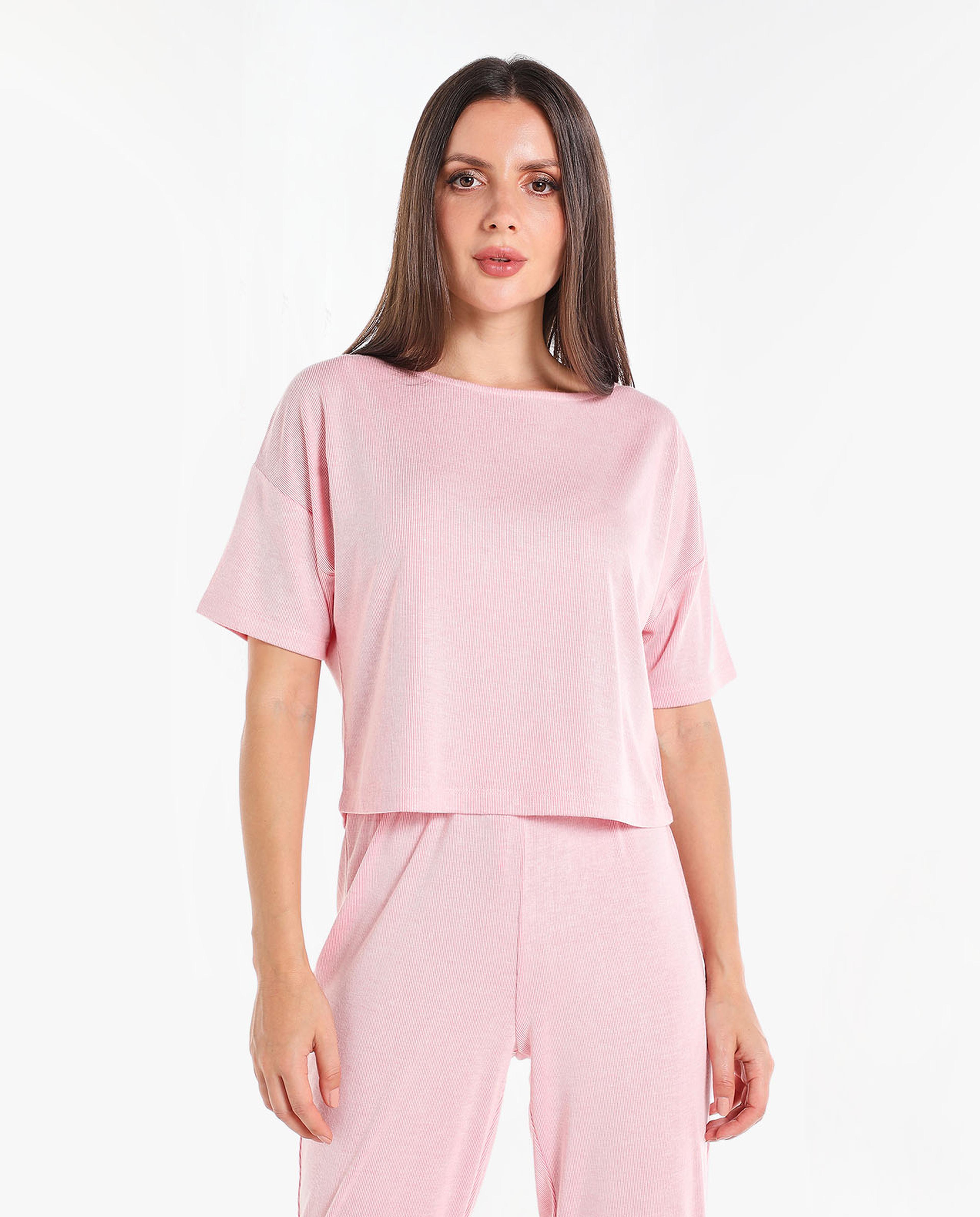 Solid Top with Boat Neck and Drop Shoulder Sleeves