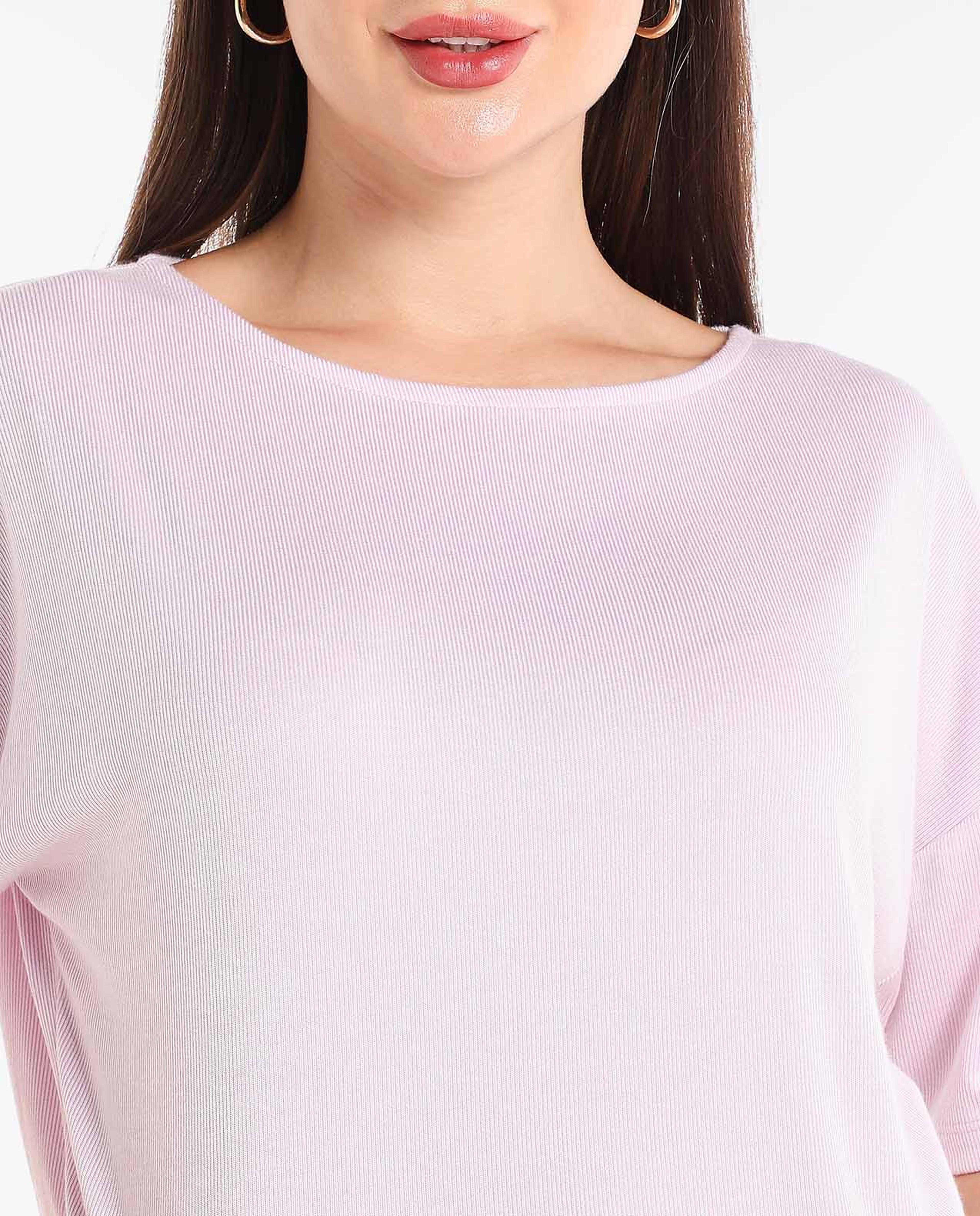 Solid Top with Boat Neck and Drop Shoulder Sleeves