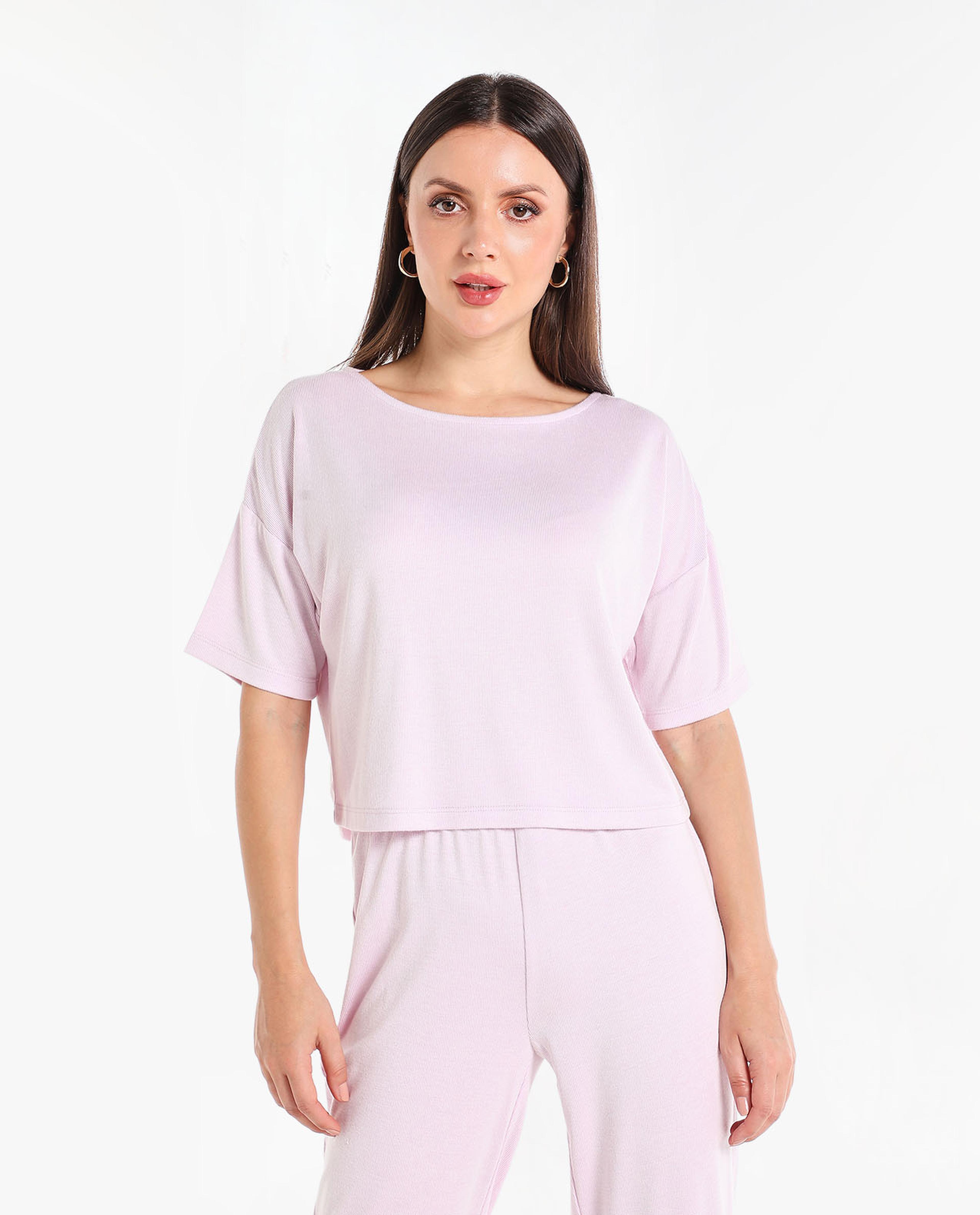 Solid Top with Boat Neck and Drop Shoulder Sleeves