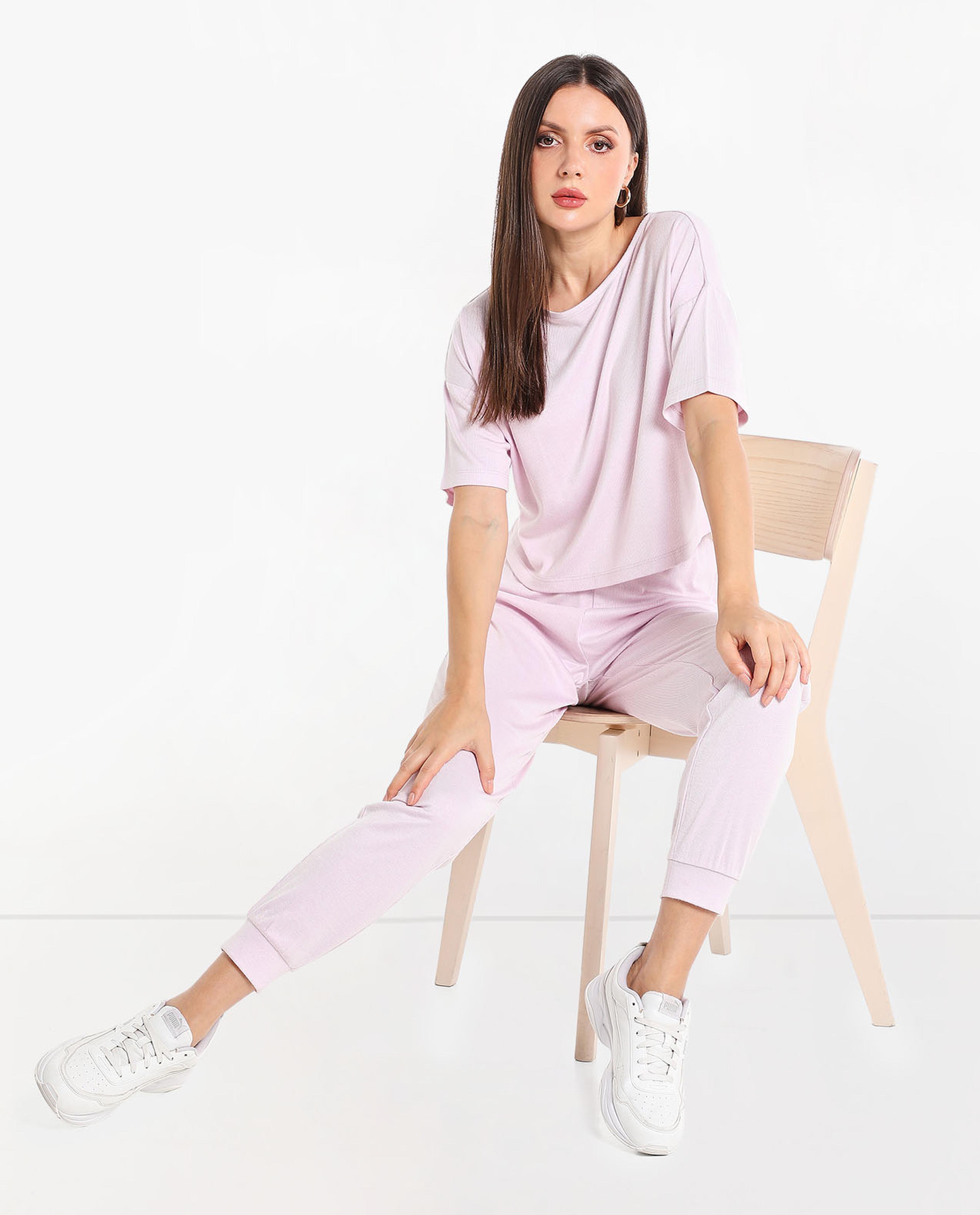 Solid Top with Boat Neck and Drop Shoulder Sleeves