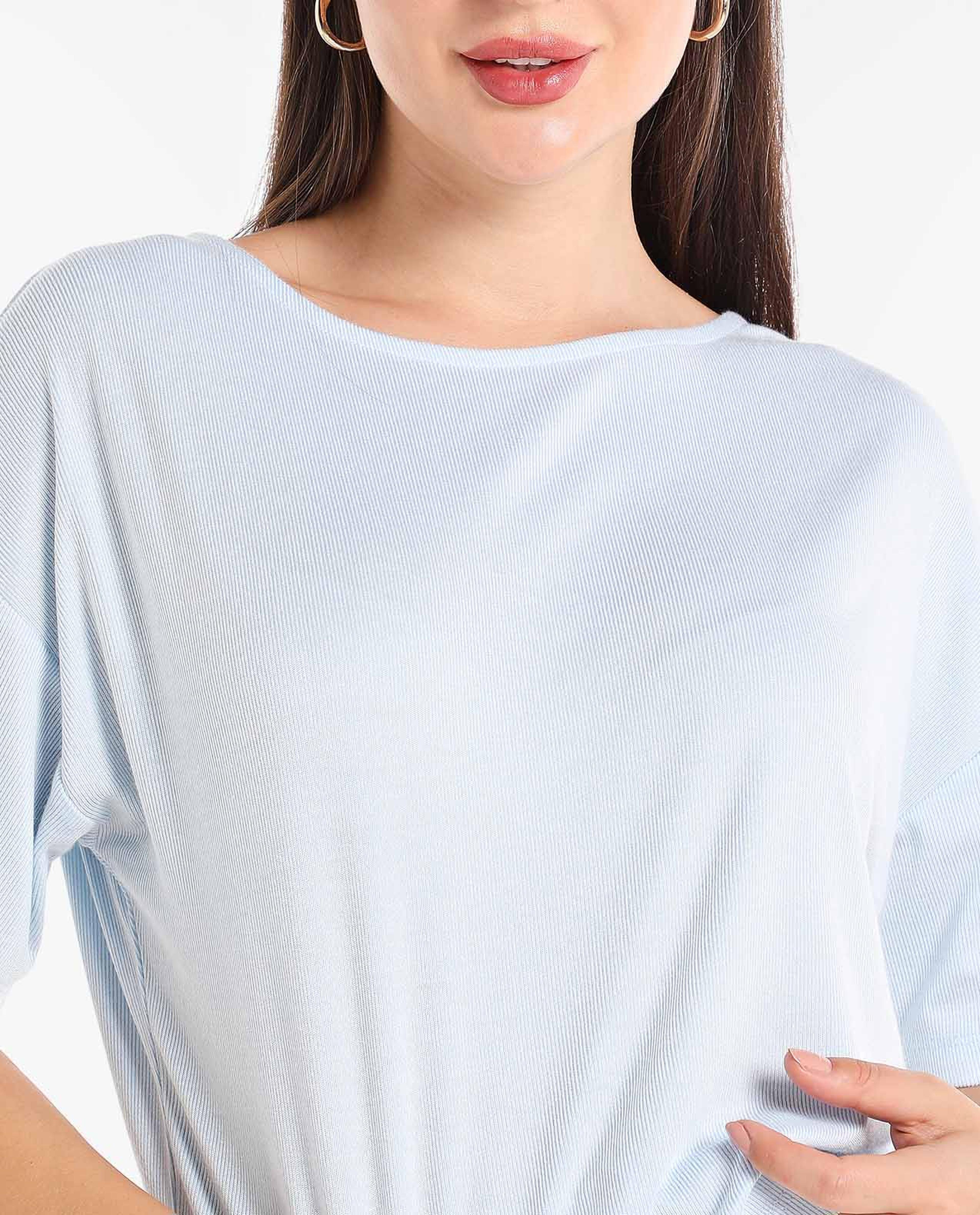 Solid Top with Boat Neck and Drop Shoulder Sleeves