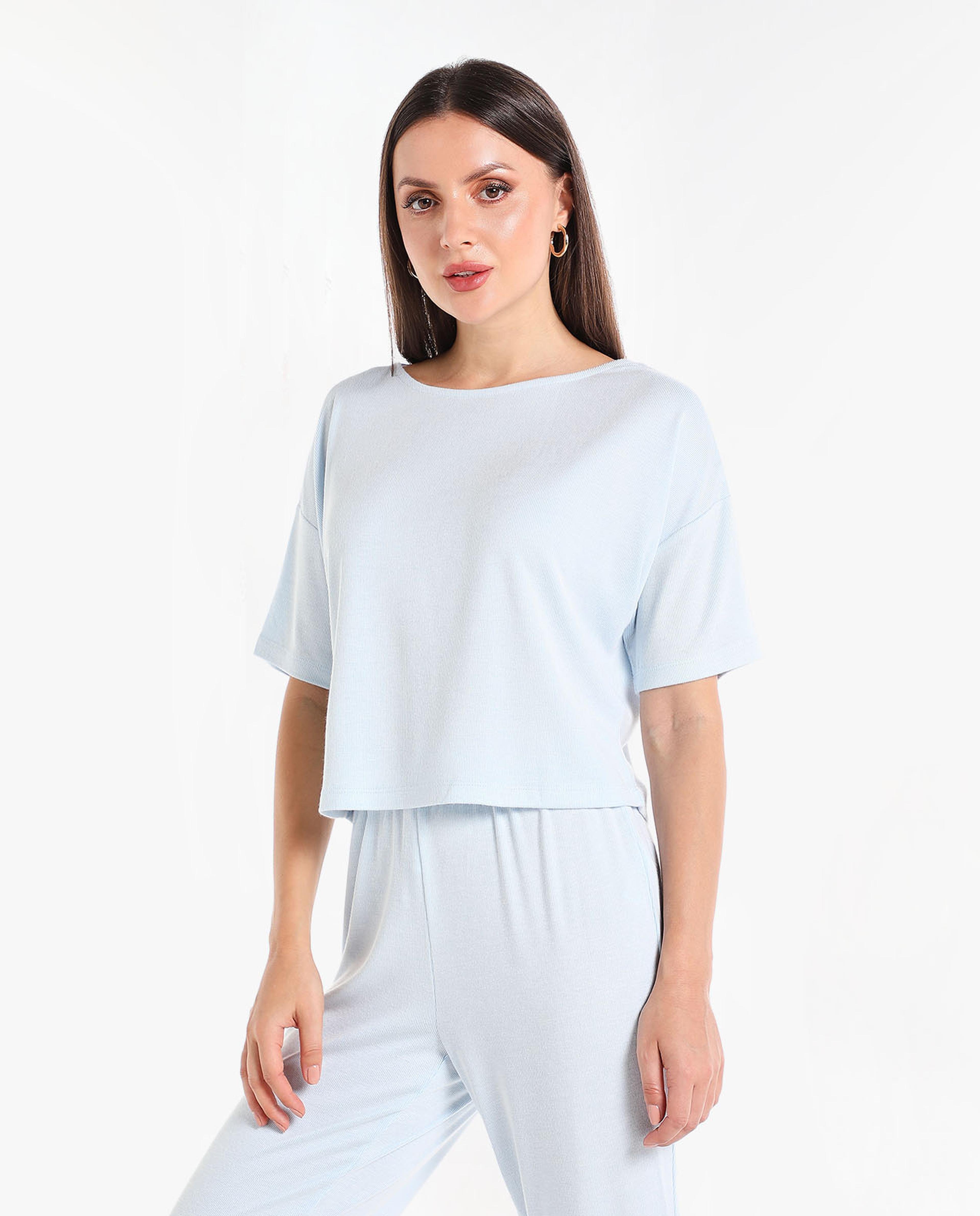 Solid Top with Boat Neck and Drop Shoulder Sleeves