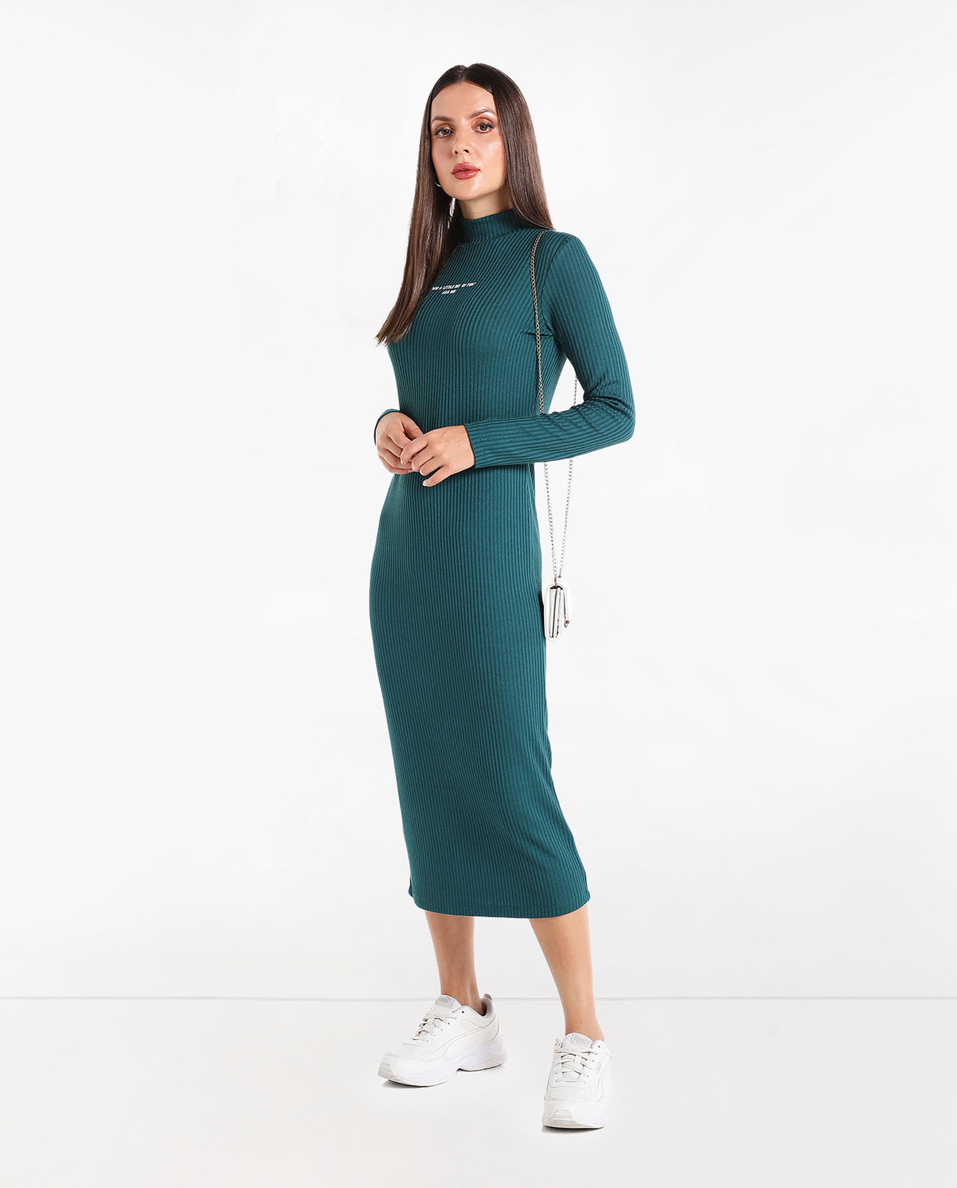 Printed T-Shirt Dress with High Neck and Long Sleeves