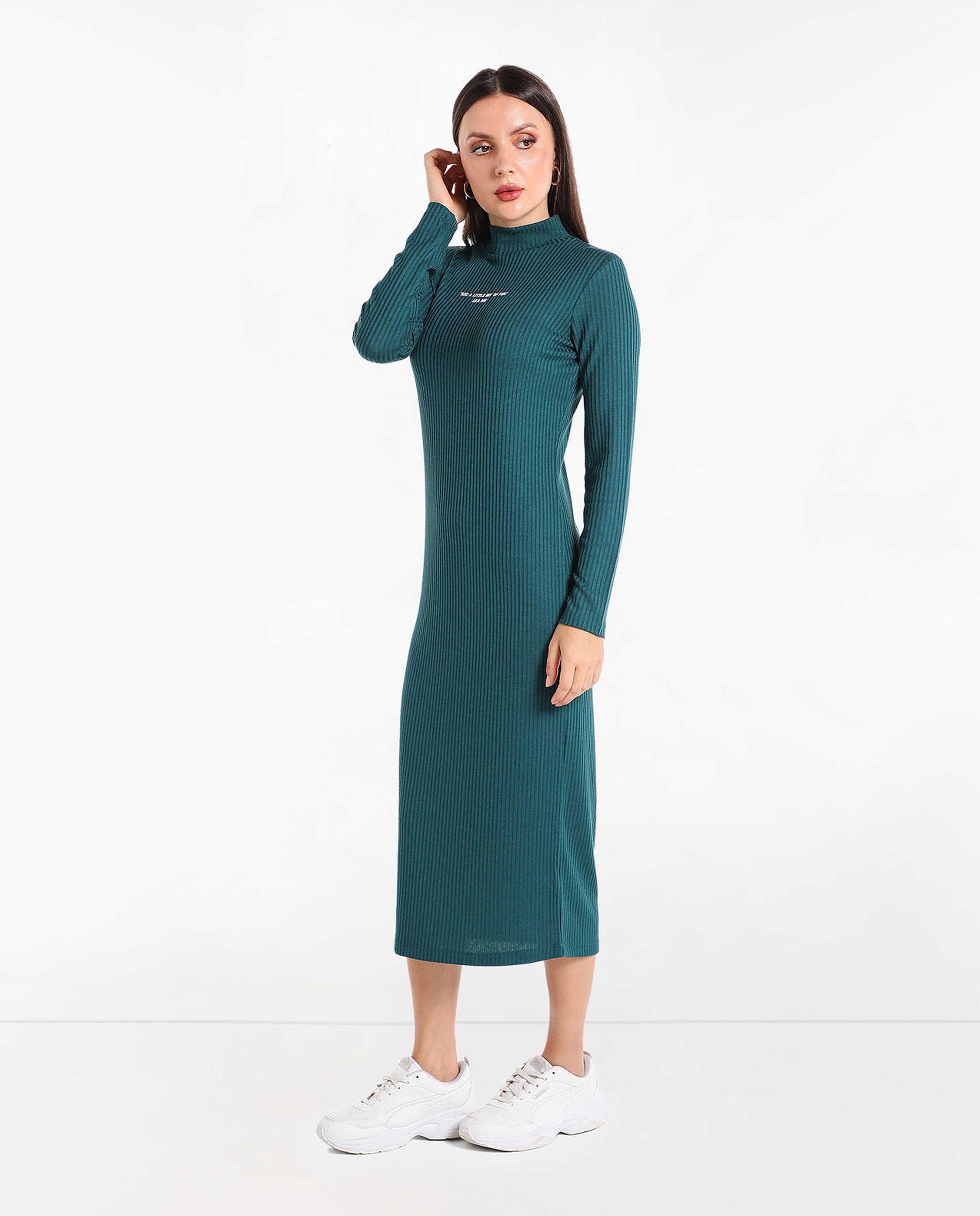 Printed T-Shirt Dress with High Neck and Long Sleeves