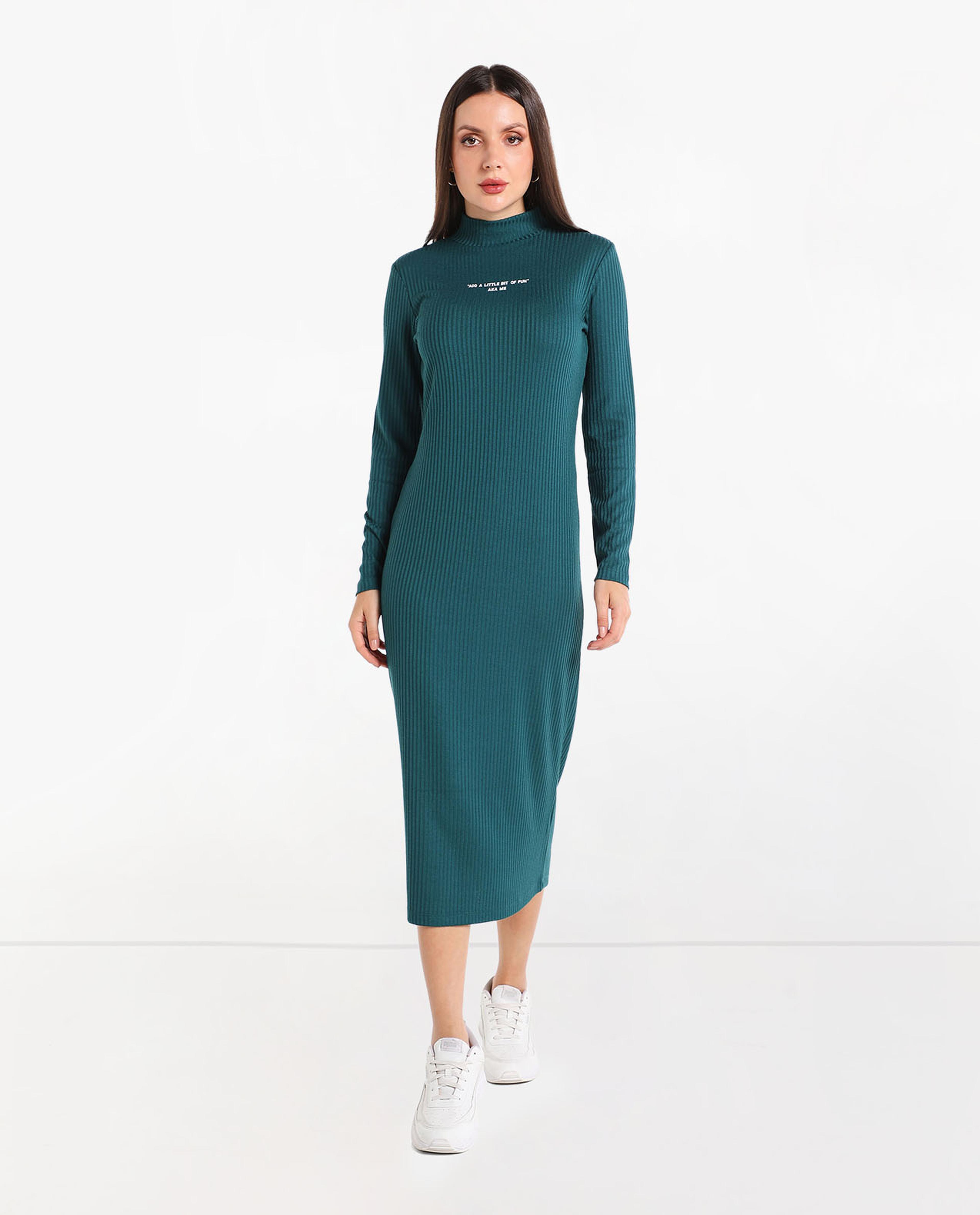Printed T-Shirt Dress with High Neck and Long Sleeves